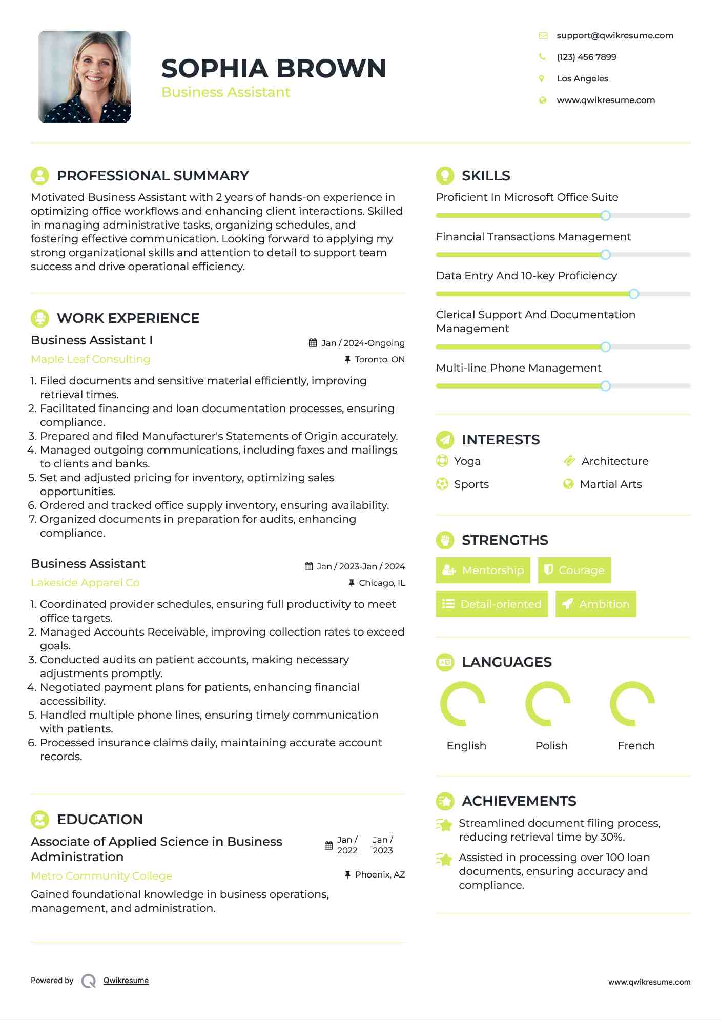 Business Assistant I Resume Format