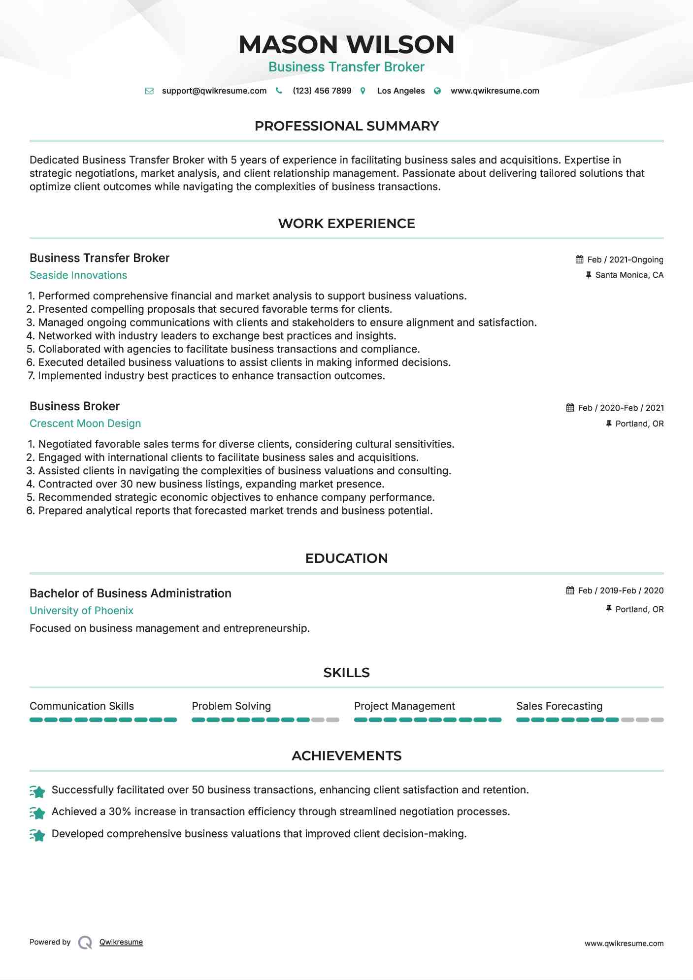 Business Transfer Broker Resume Template