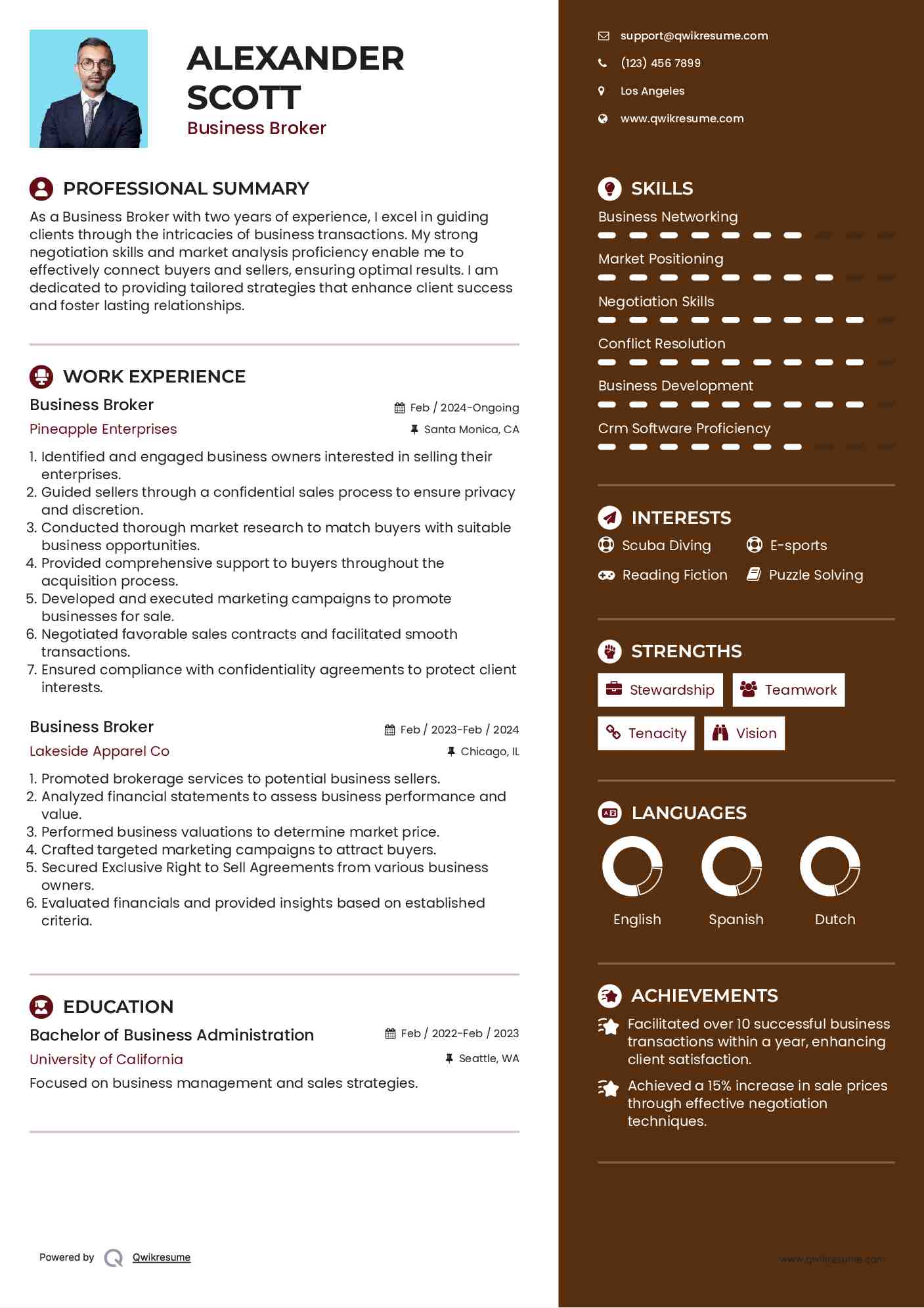 Business Broker Resume Sample
