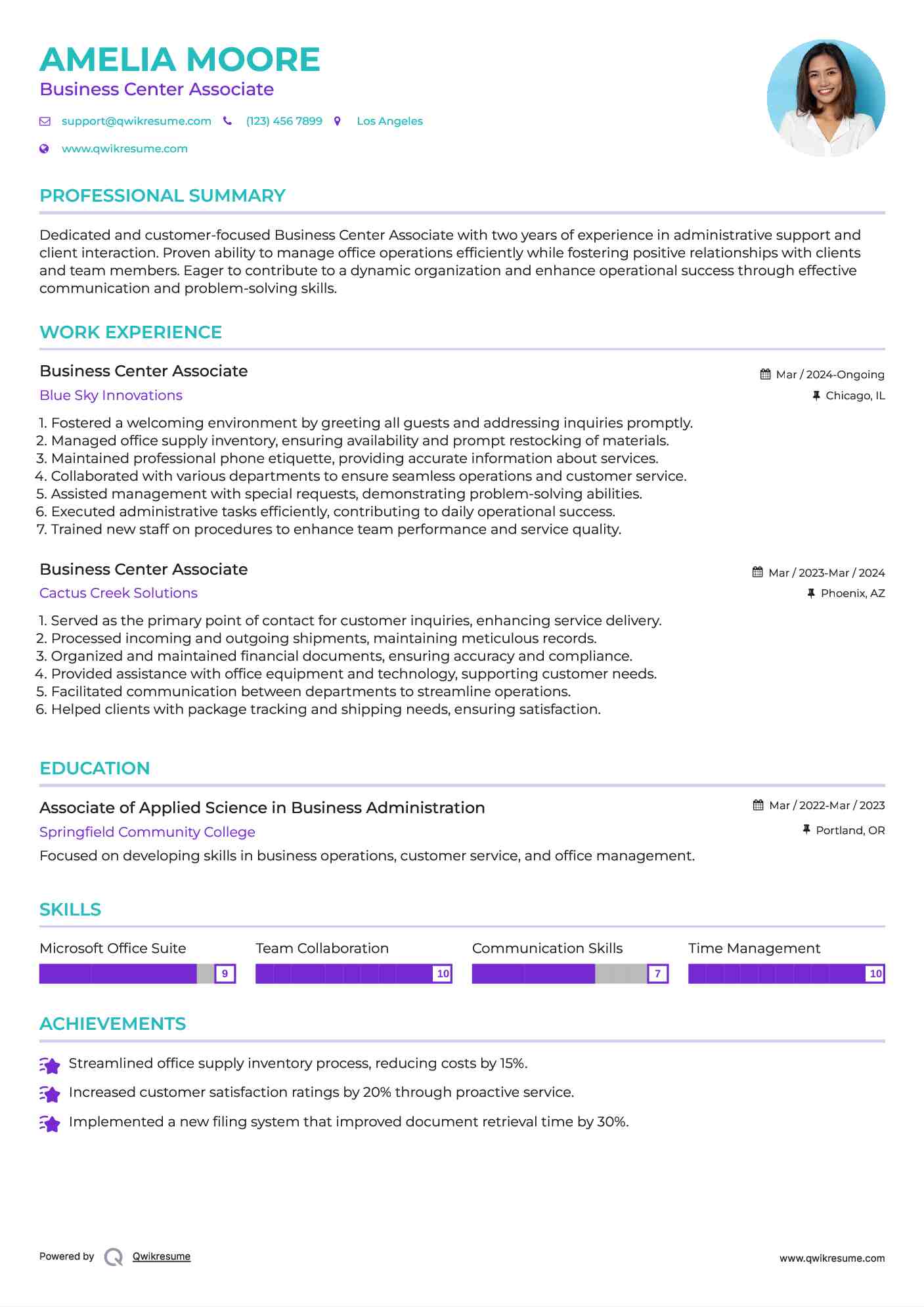 Business Center Associate Resume Template
