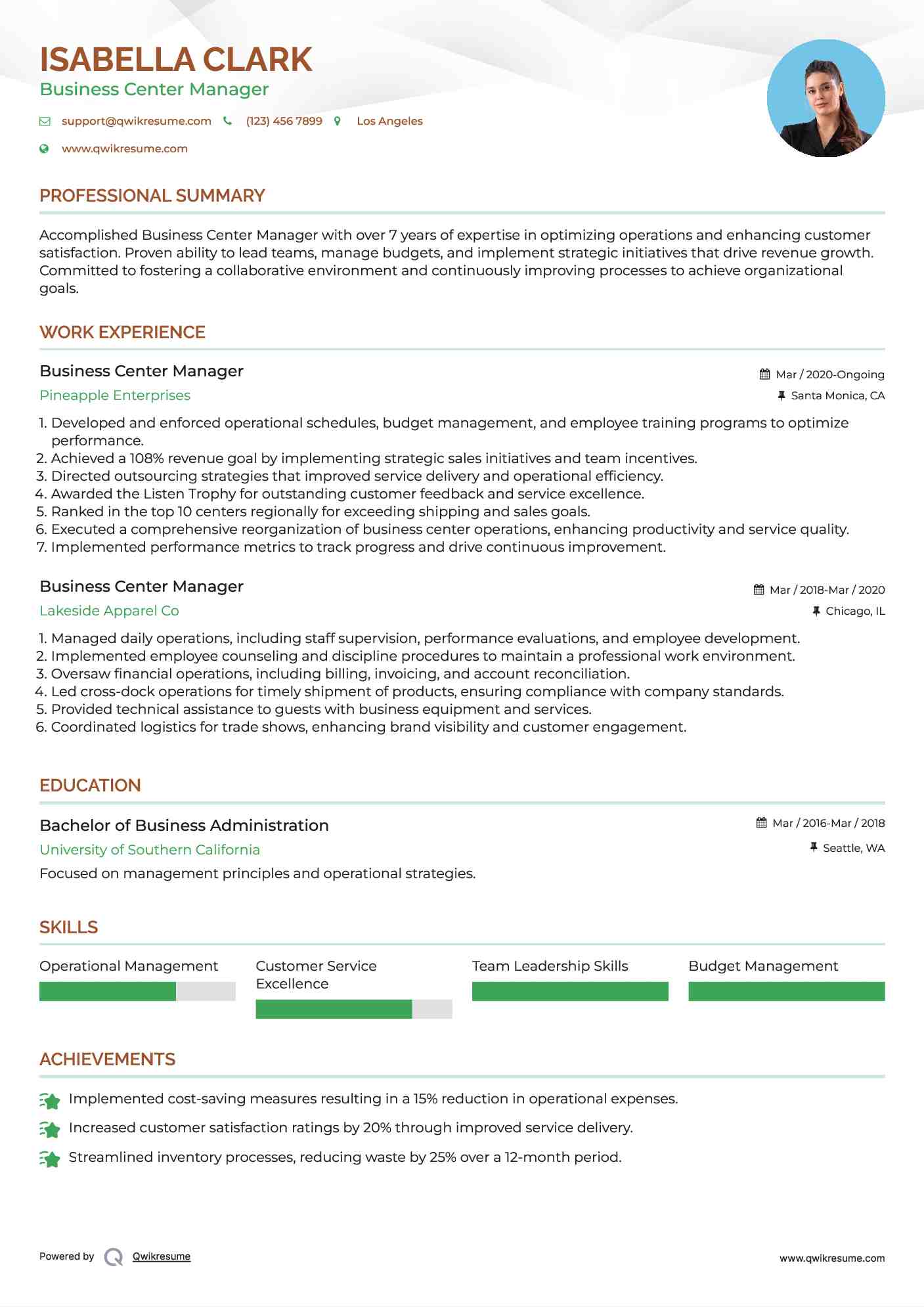 Business Center Manager Resume Model