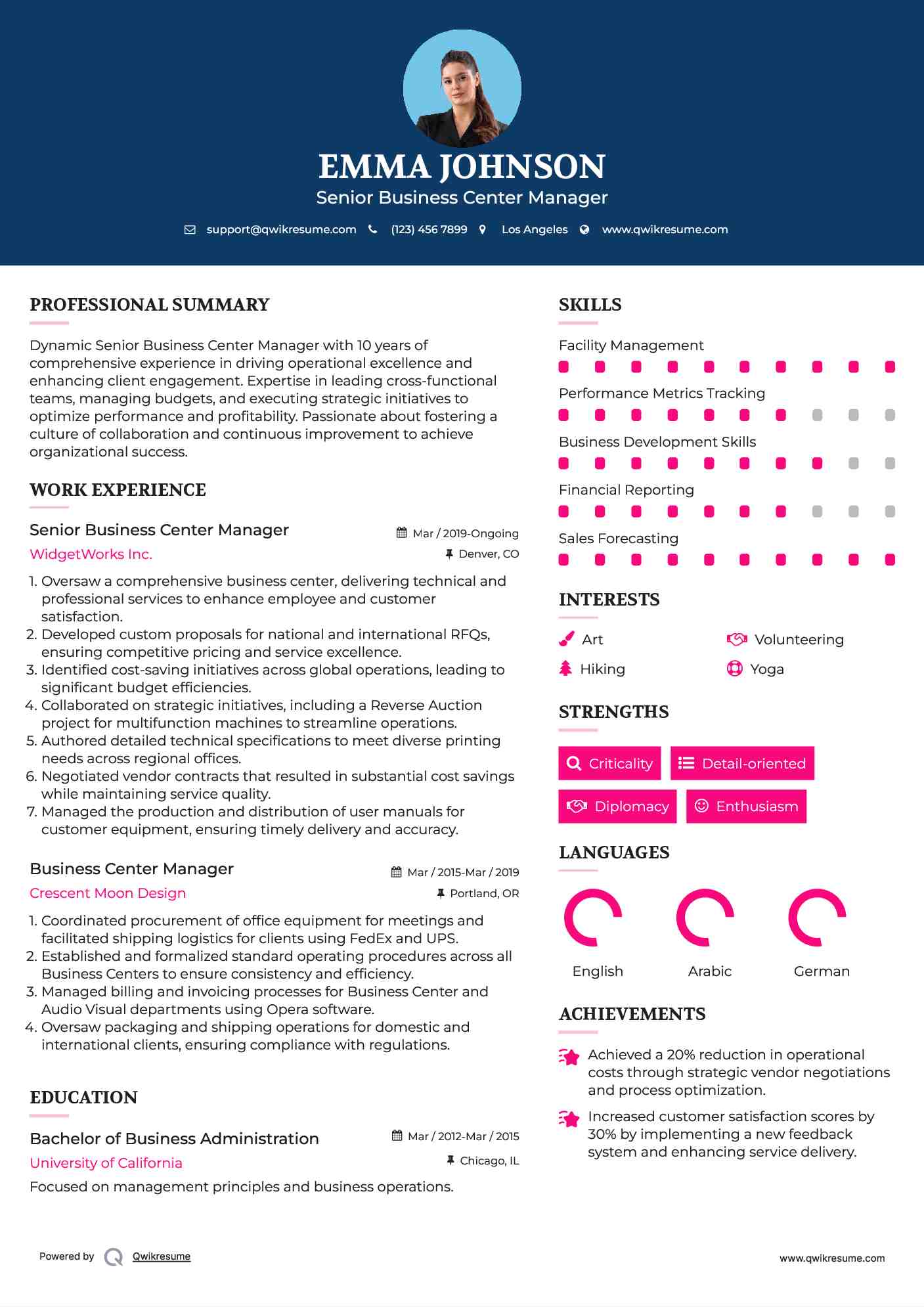 Senior Business Center Manager Resume Template