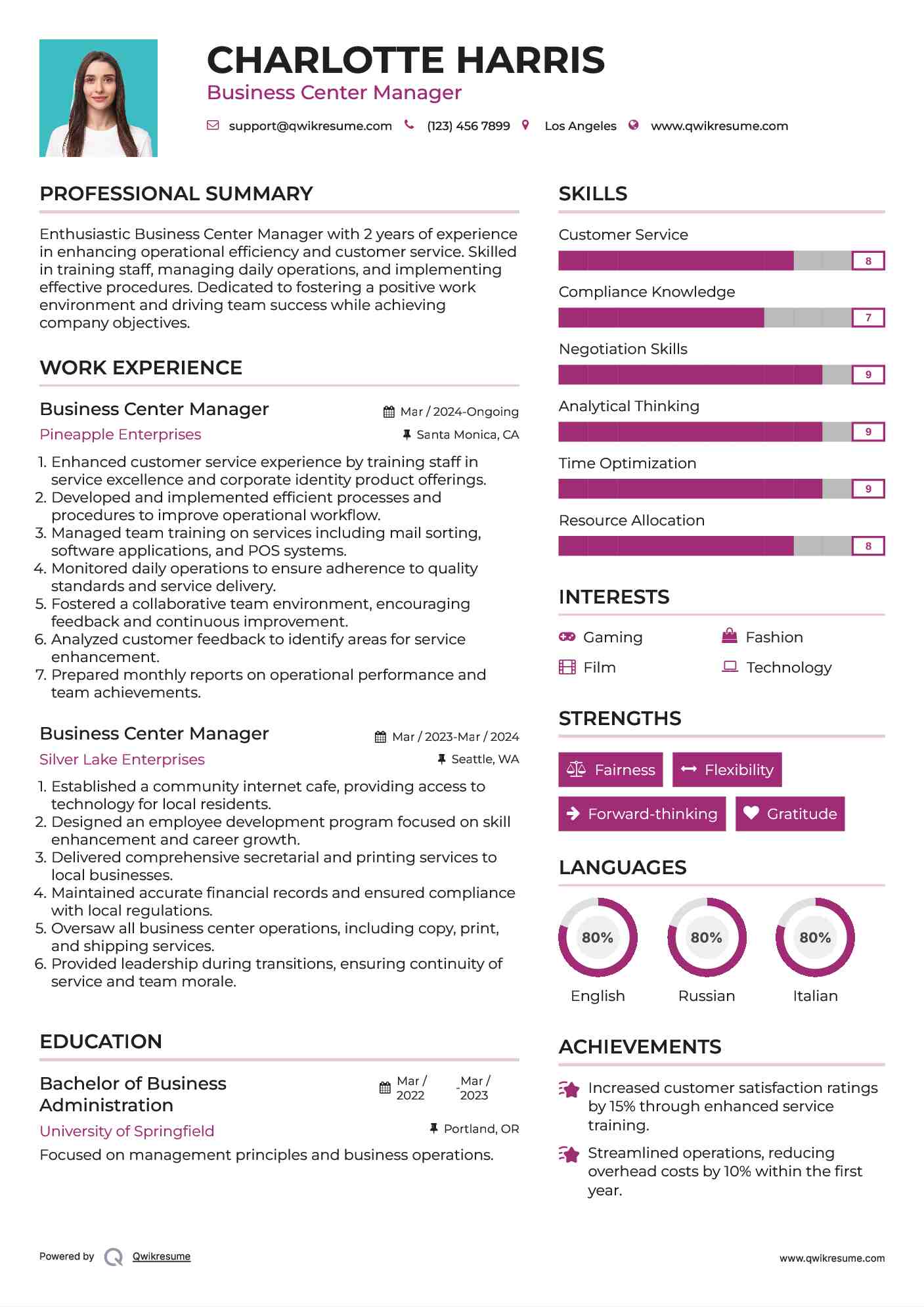 Business Center Manager Resume Example