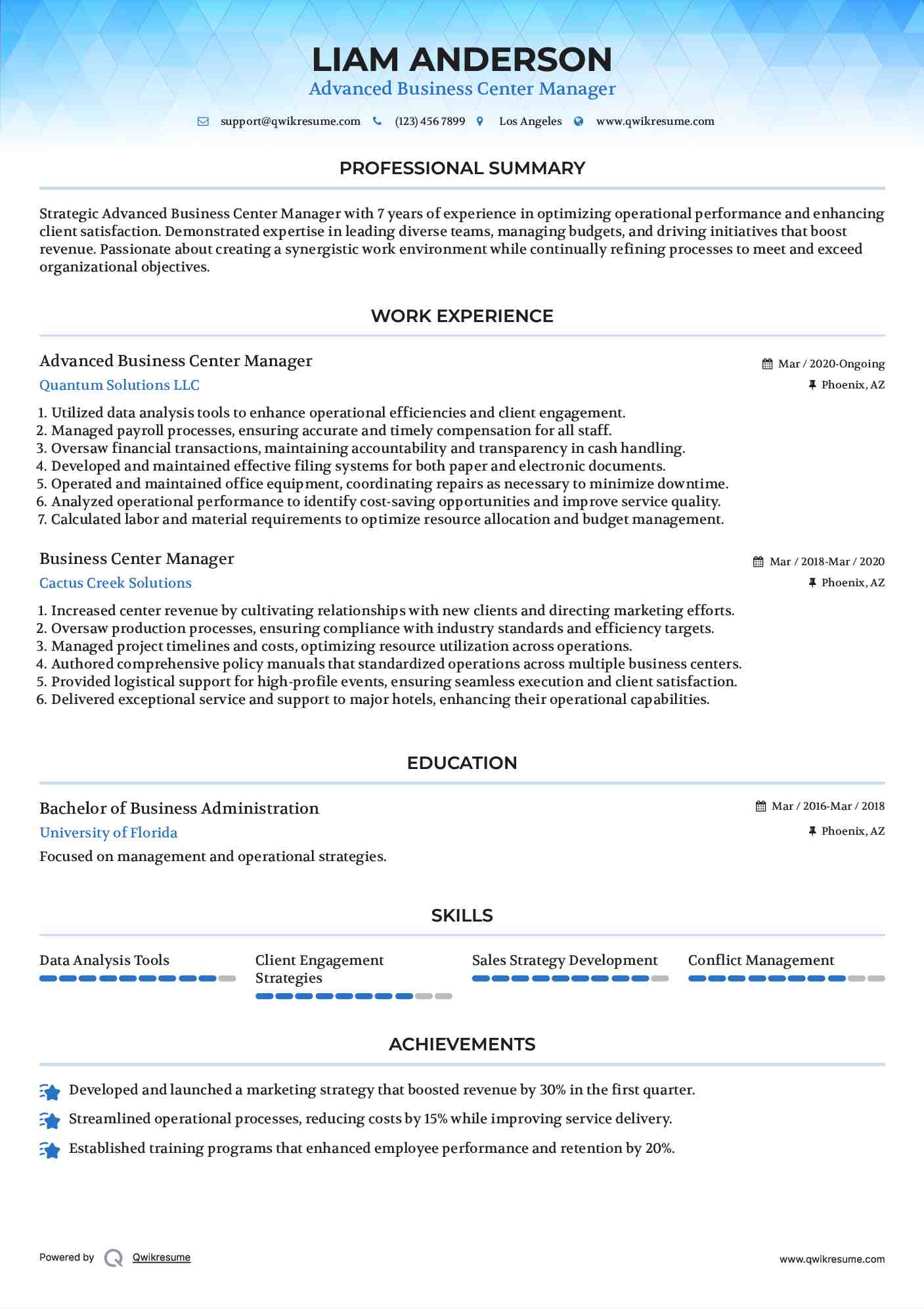 Advanced Business Center Manager Resume Sample