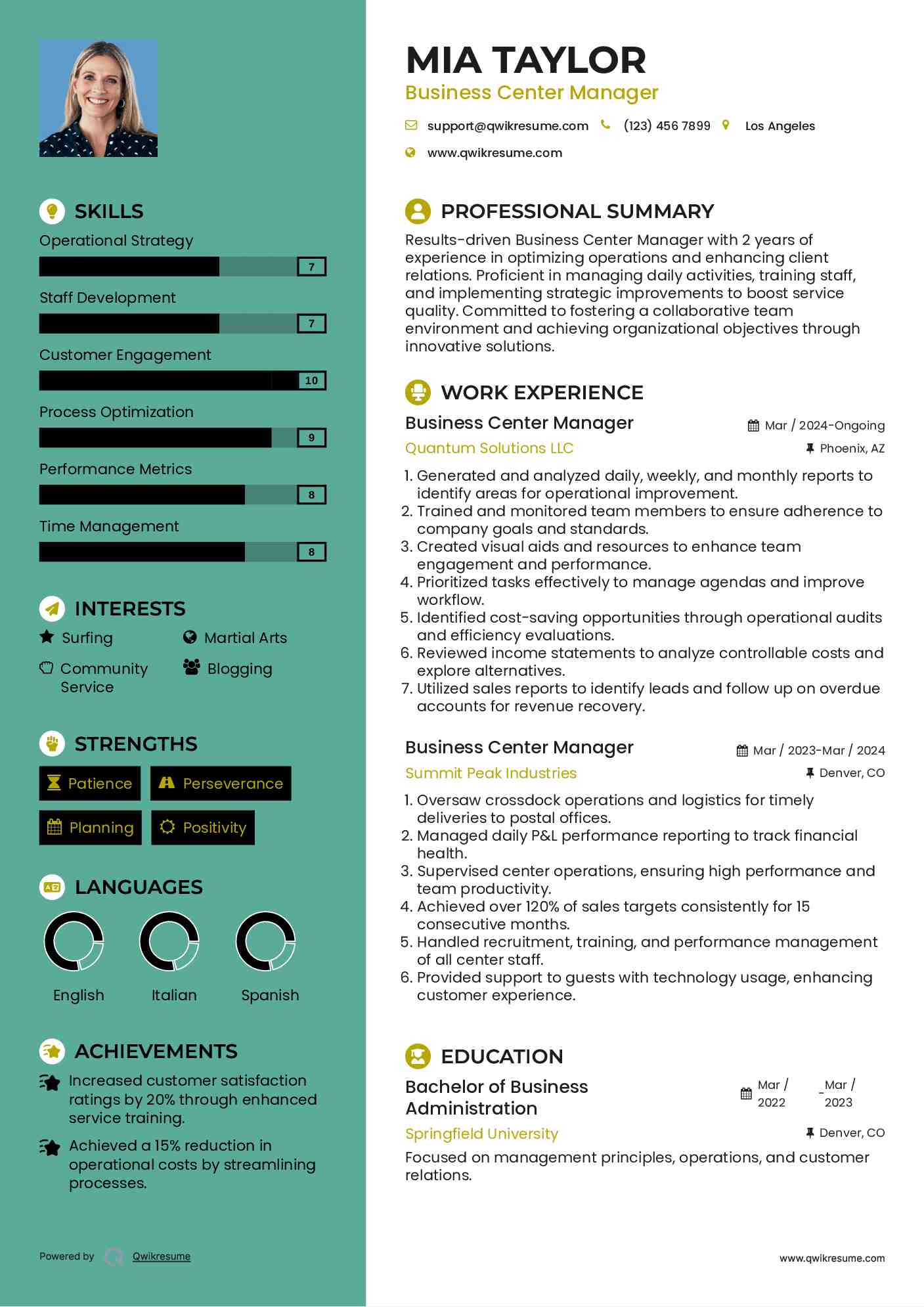 Business Center Manager Resume Template