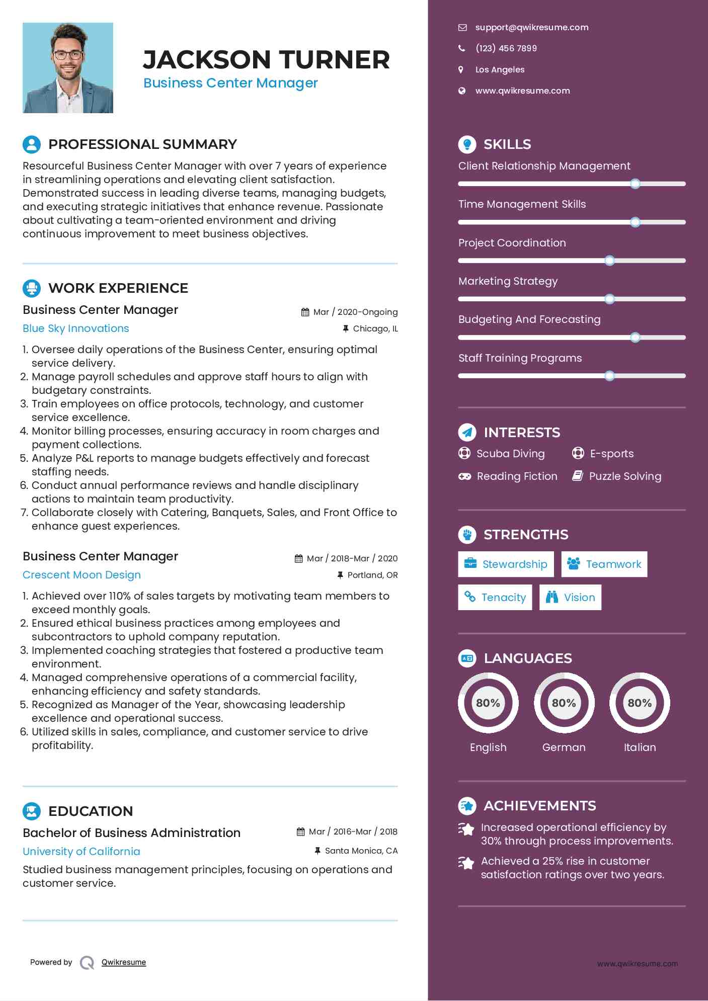 Business Center Manager Resume Sample