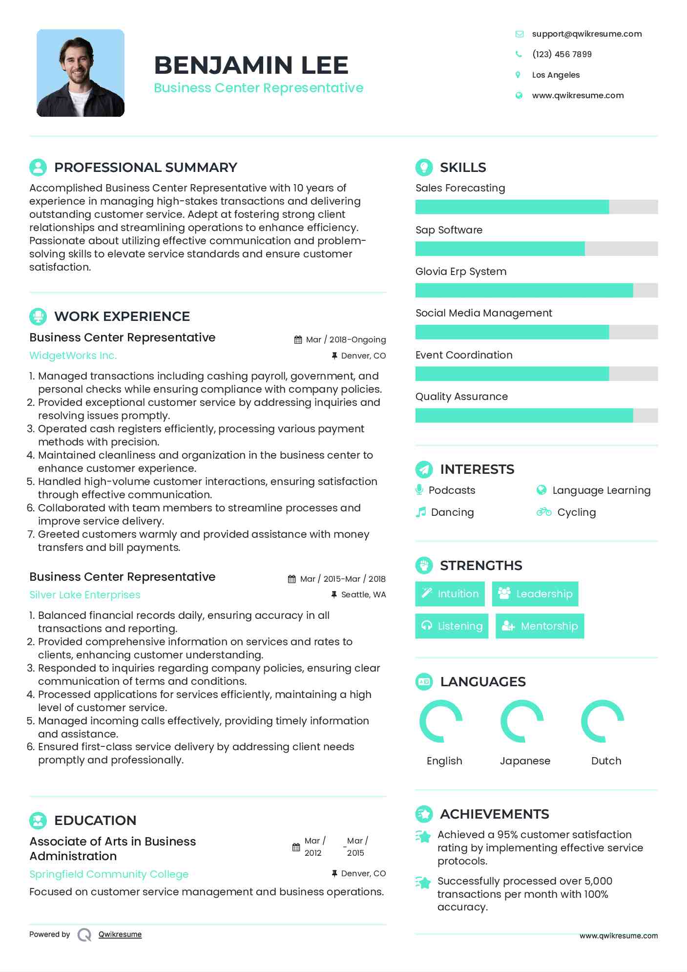 Business Center Representative Resume Template