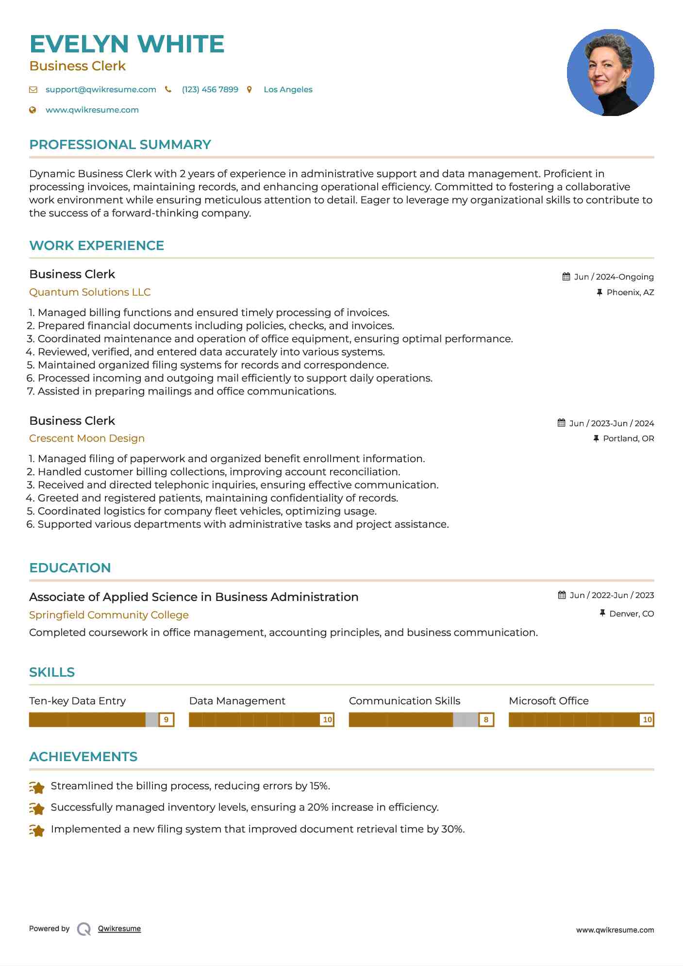 Business Clerk Resume Model