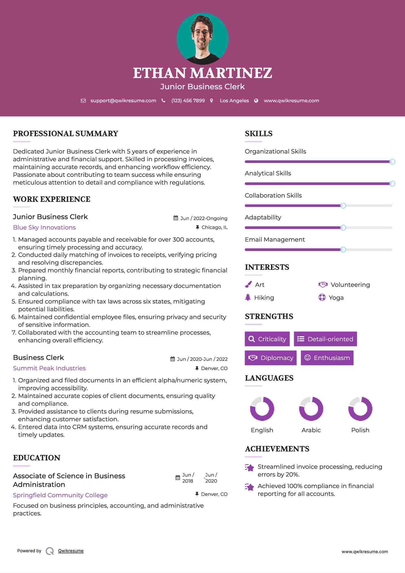 Junior Business Clerk Resume Model