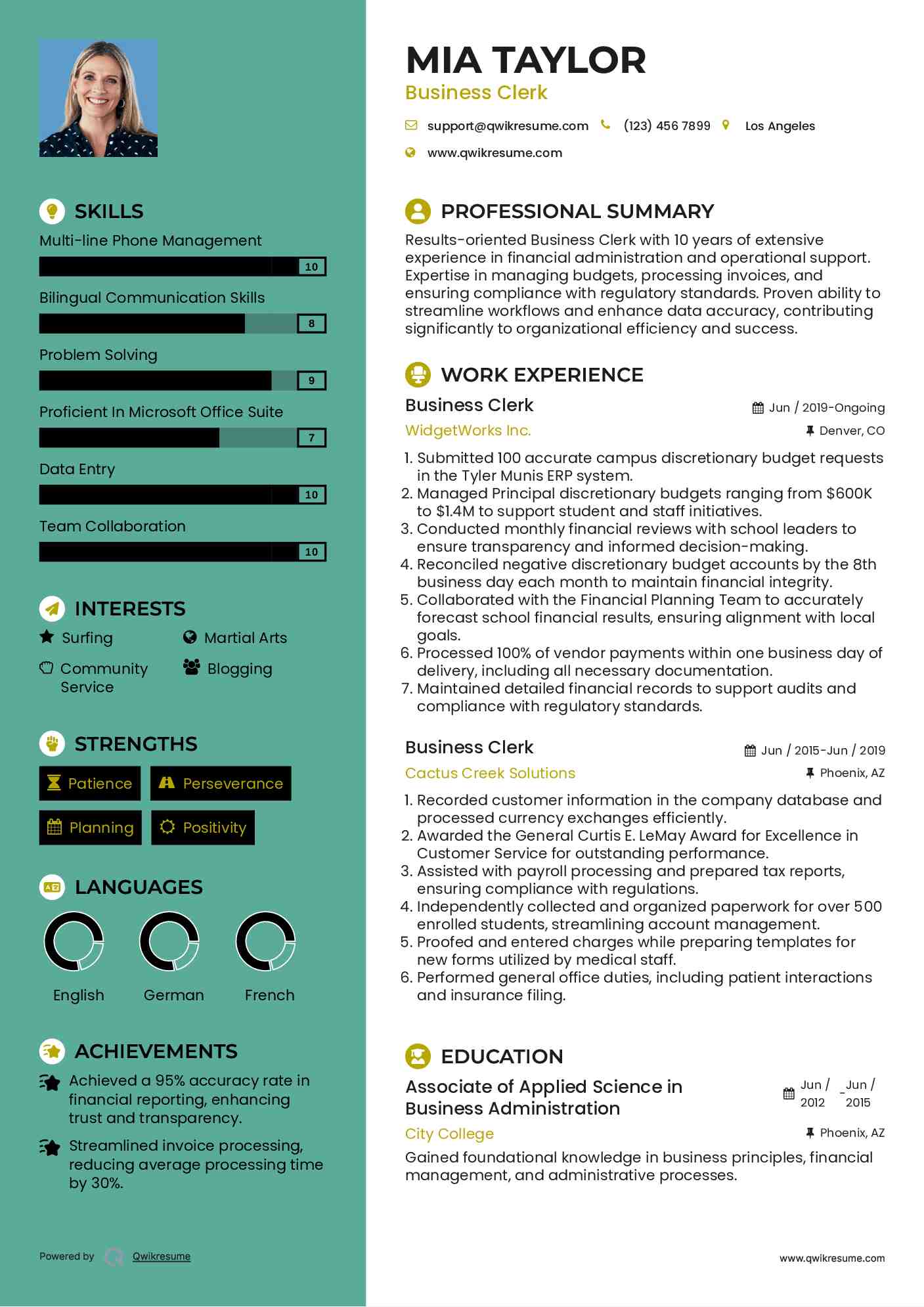 Business Clerk Resume Model