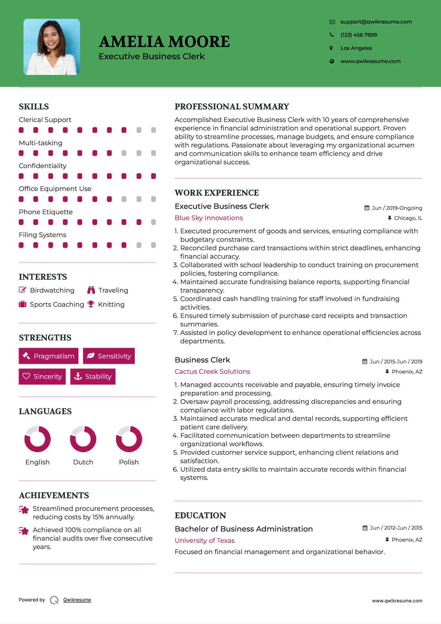 Executive Business Clerk Resume Model