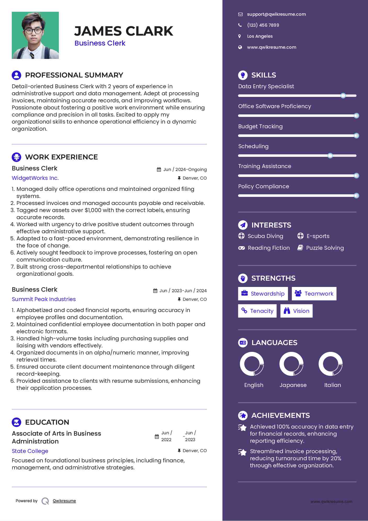 Business Clerk Resume Sample