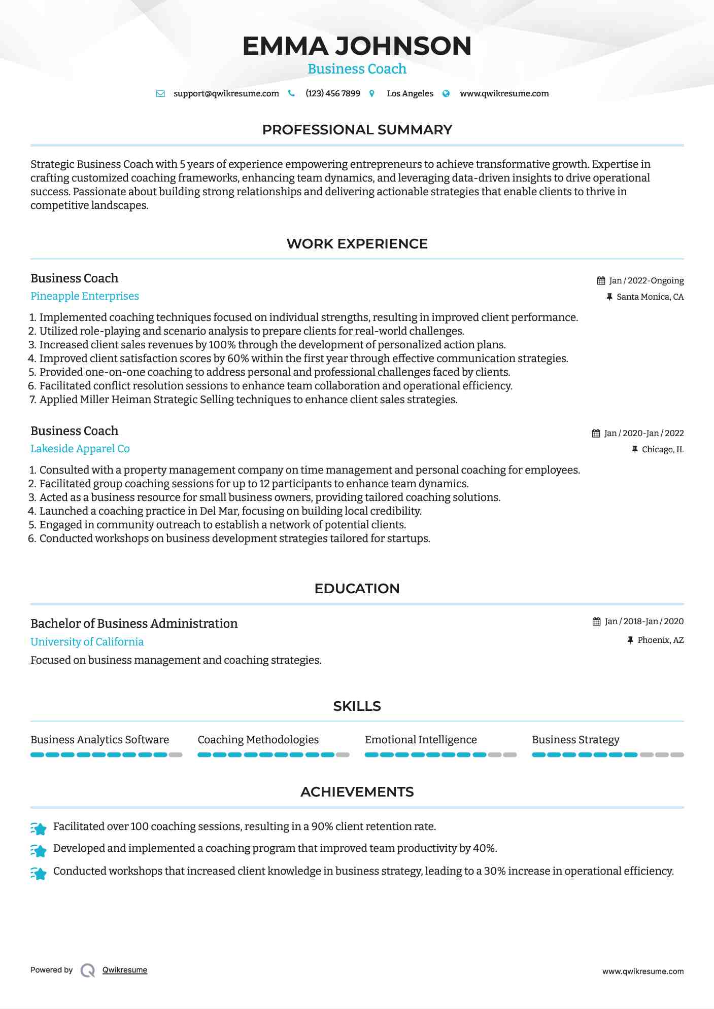 Business Coach Resume Example