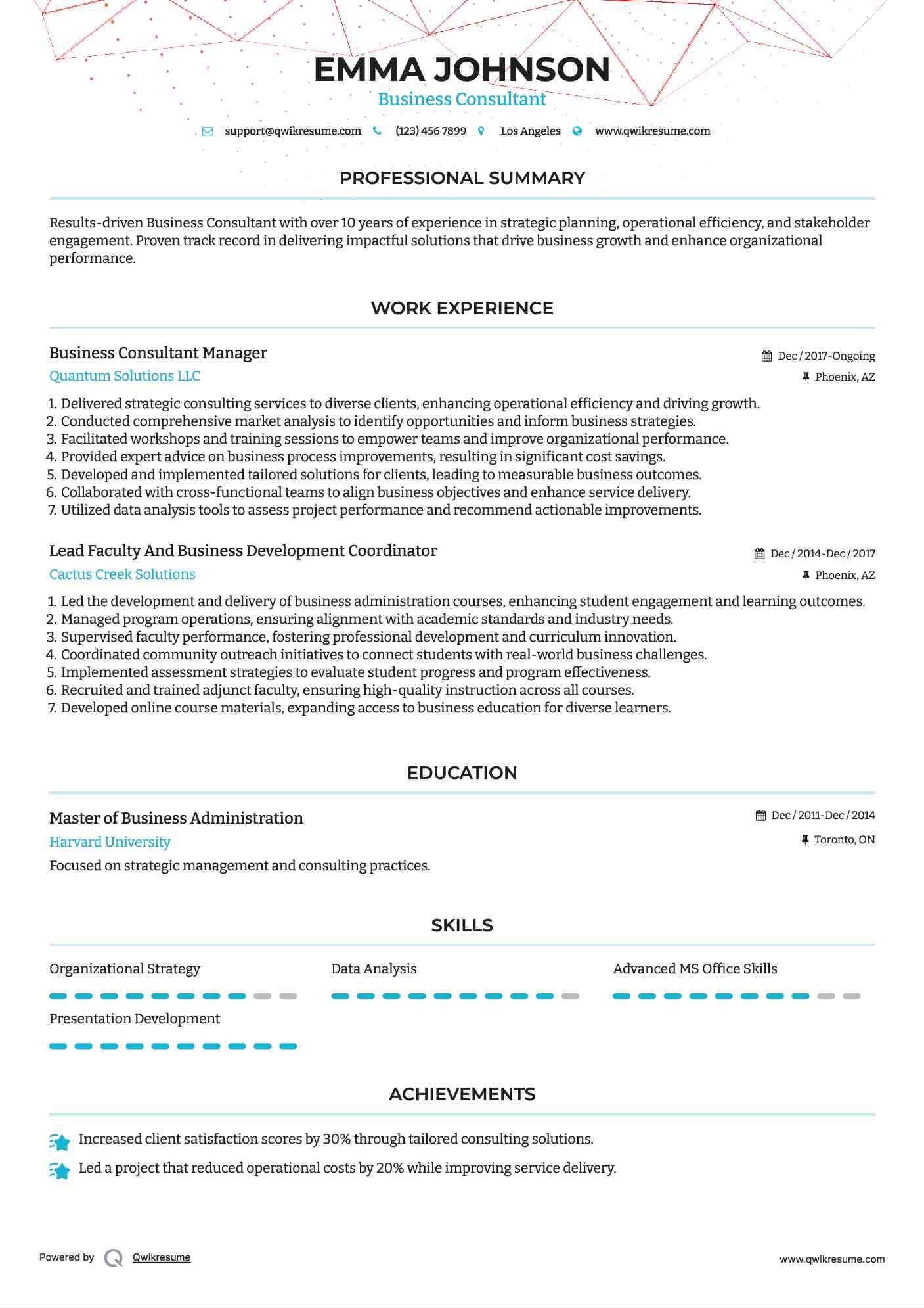 Business Consultant Manager Resume Template