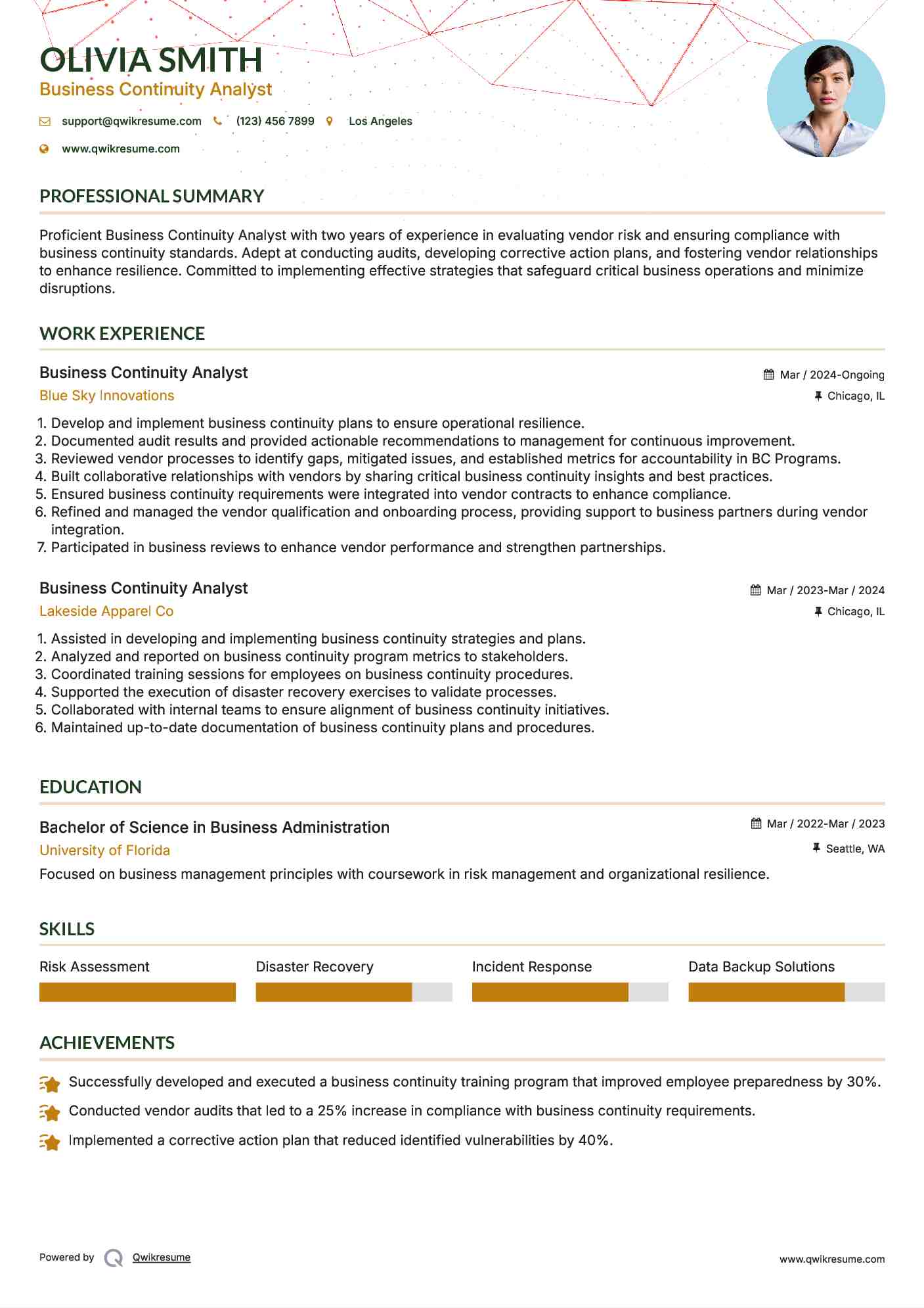 Business Continuity Analyst Resume Format