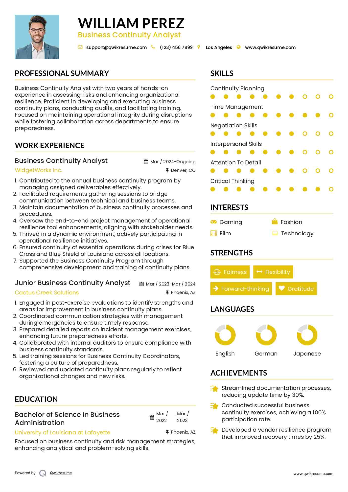 Business Continuity Analyst Resume Model