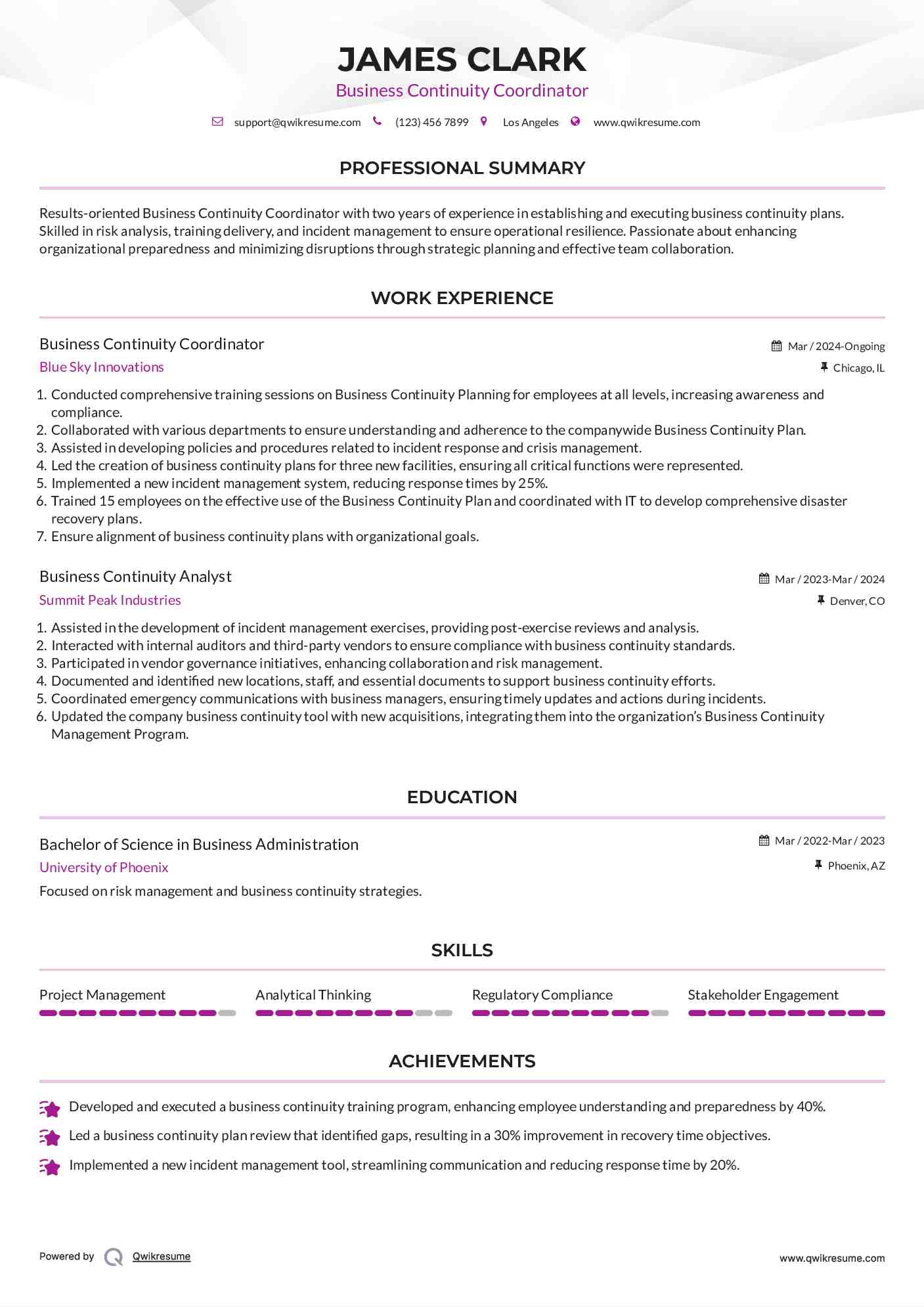 Business Continuity Coordinator Resume Template