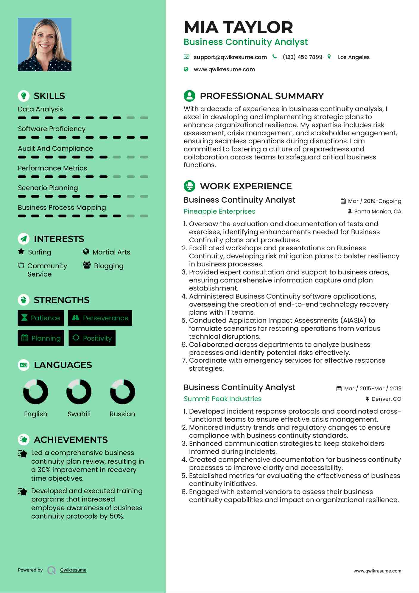 Business Continuity Analyst Resume Format
