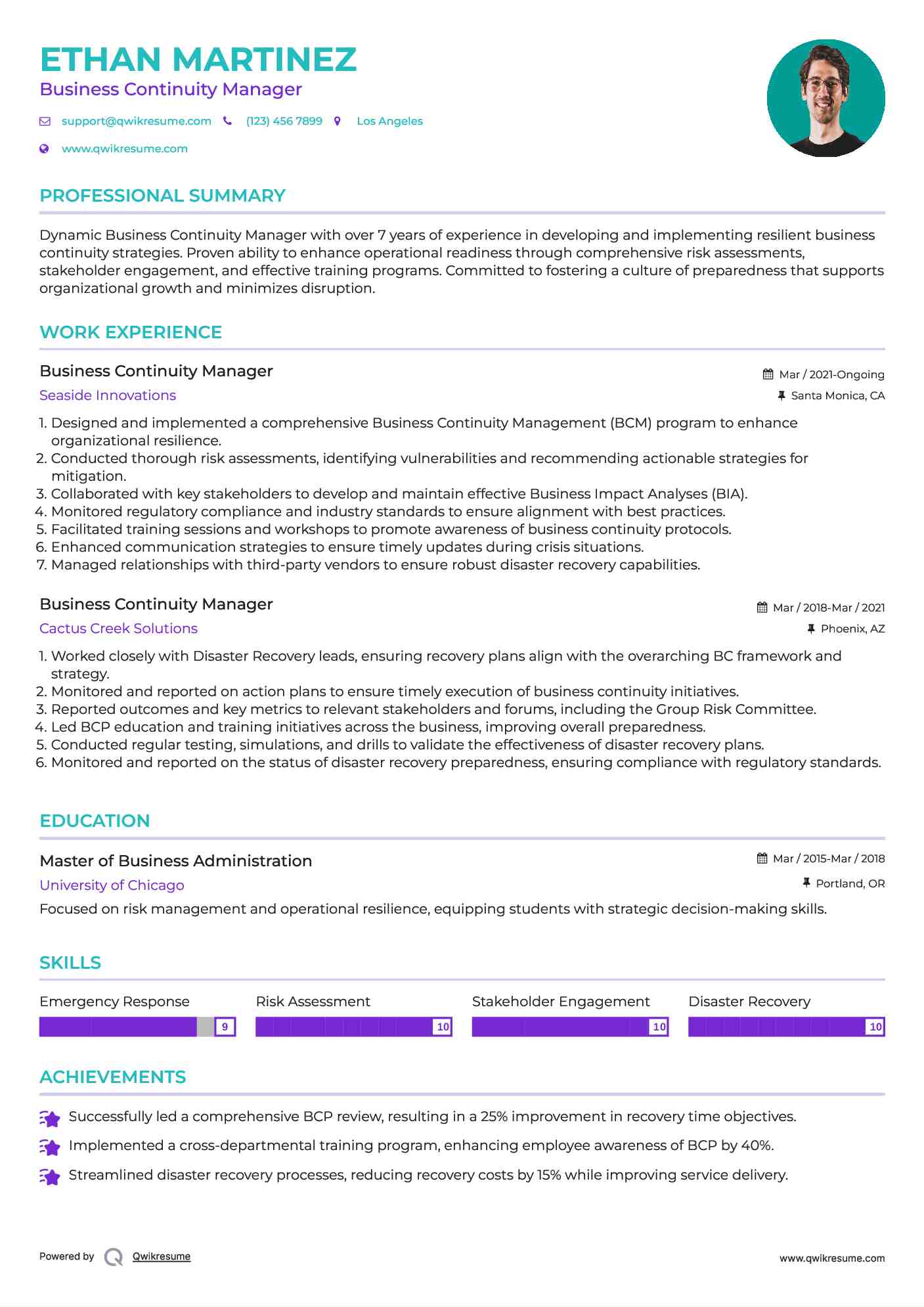 Business Continuity Manager Resume Model