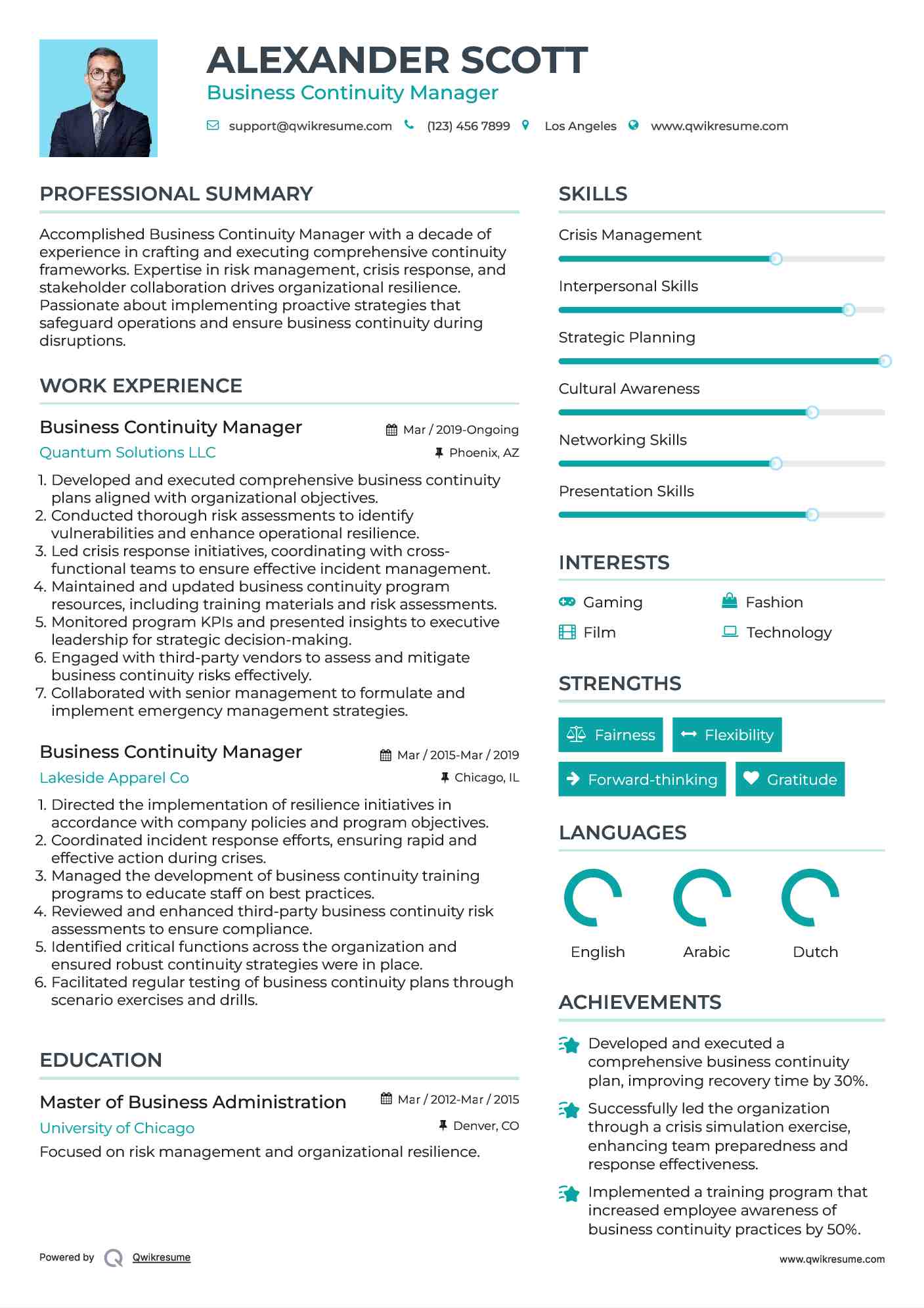 Business Continuity Manager Resume Template