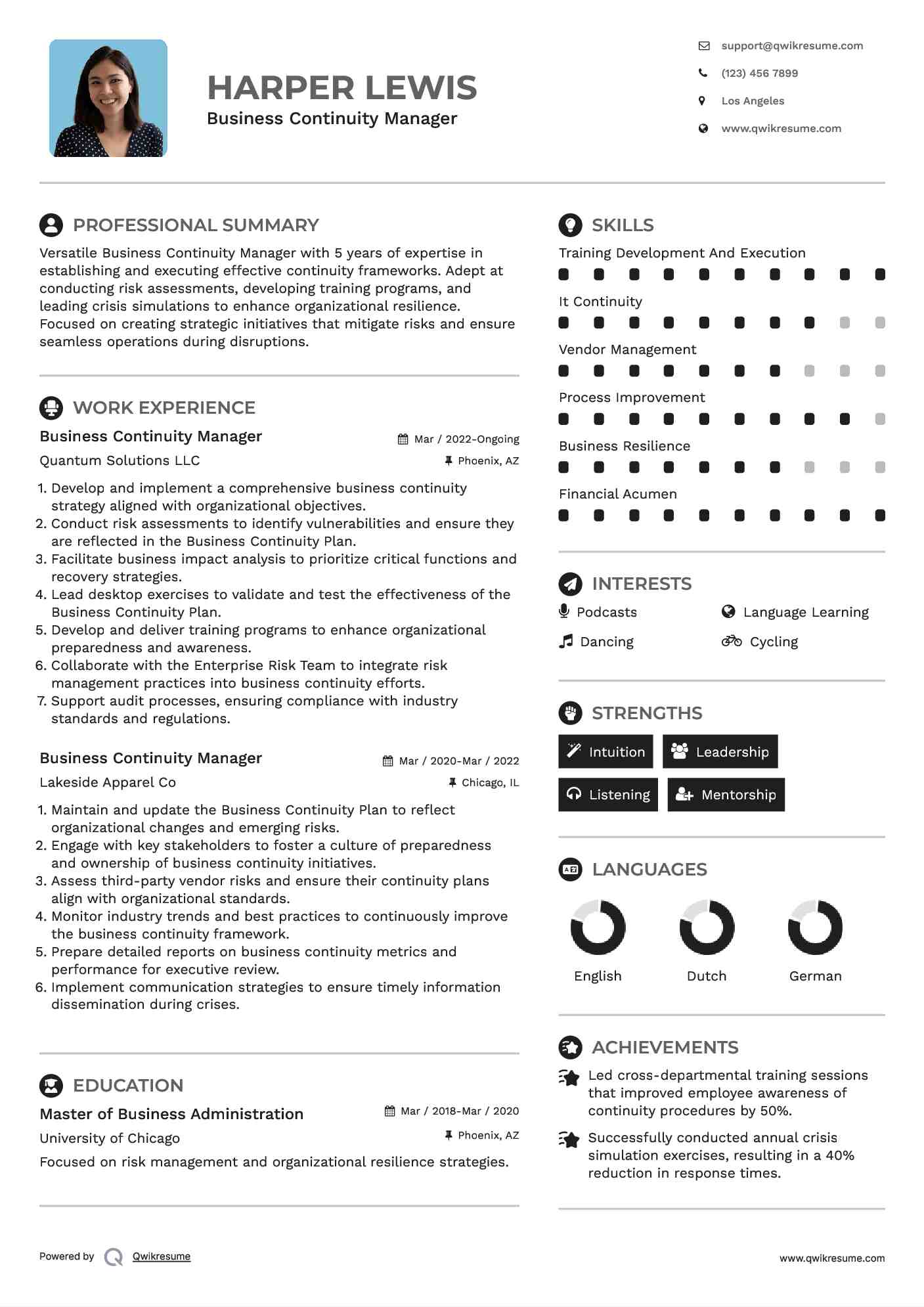 Business Continuity Manager Resume Template