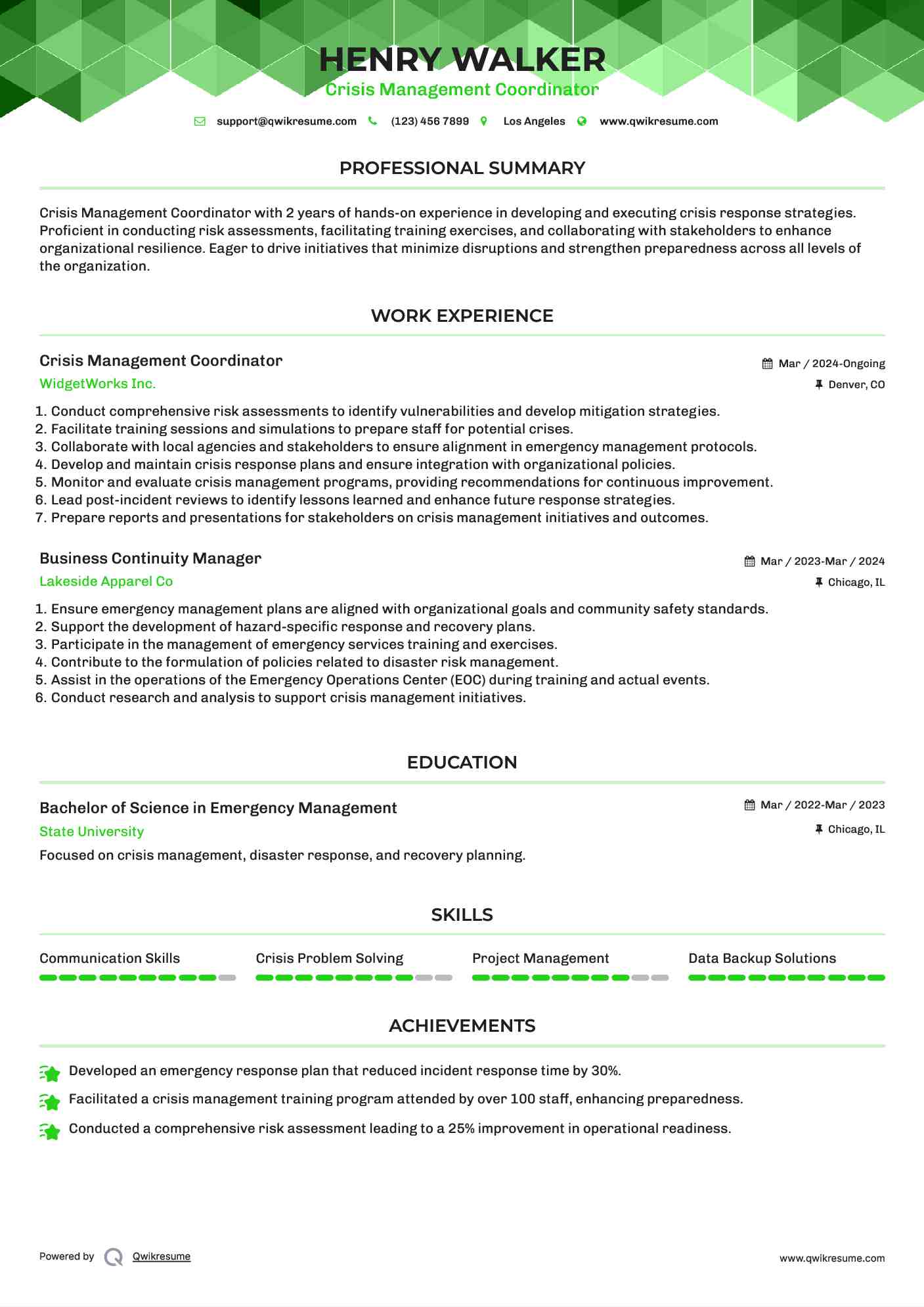 Crisis Management Coordinator Resume Example
