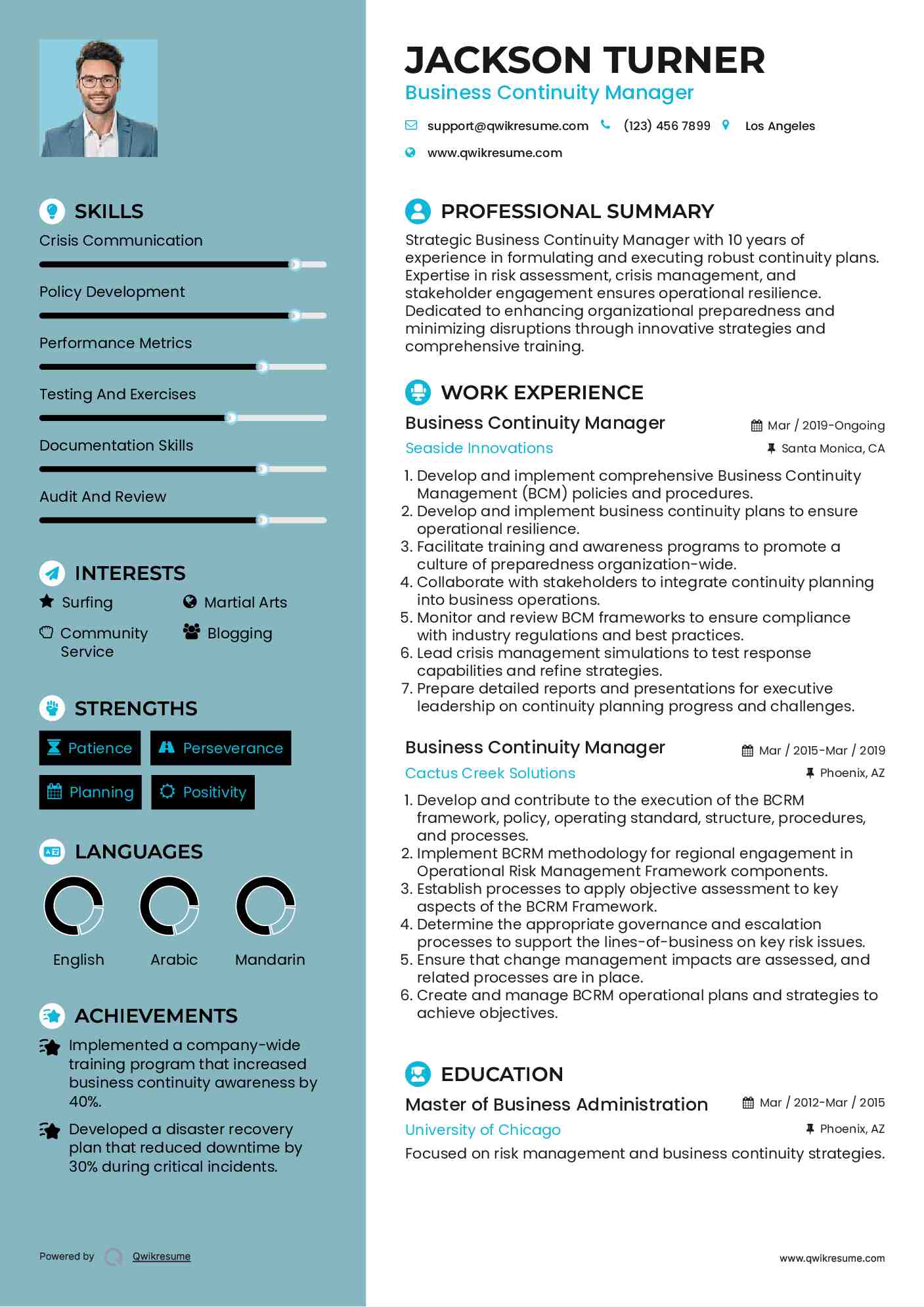 Business Continuity Manager Resume Template