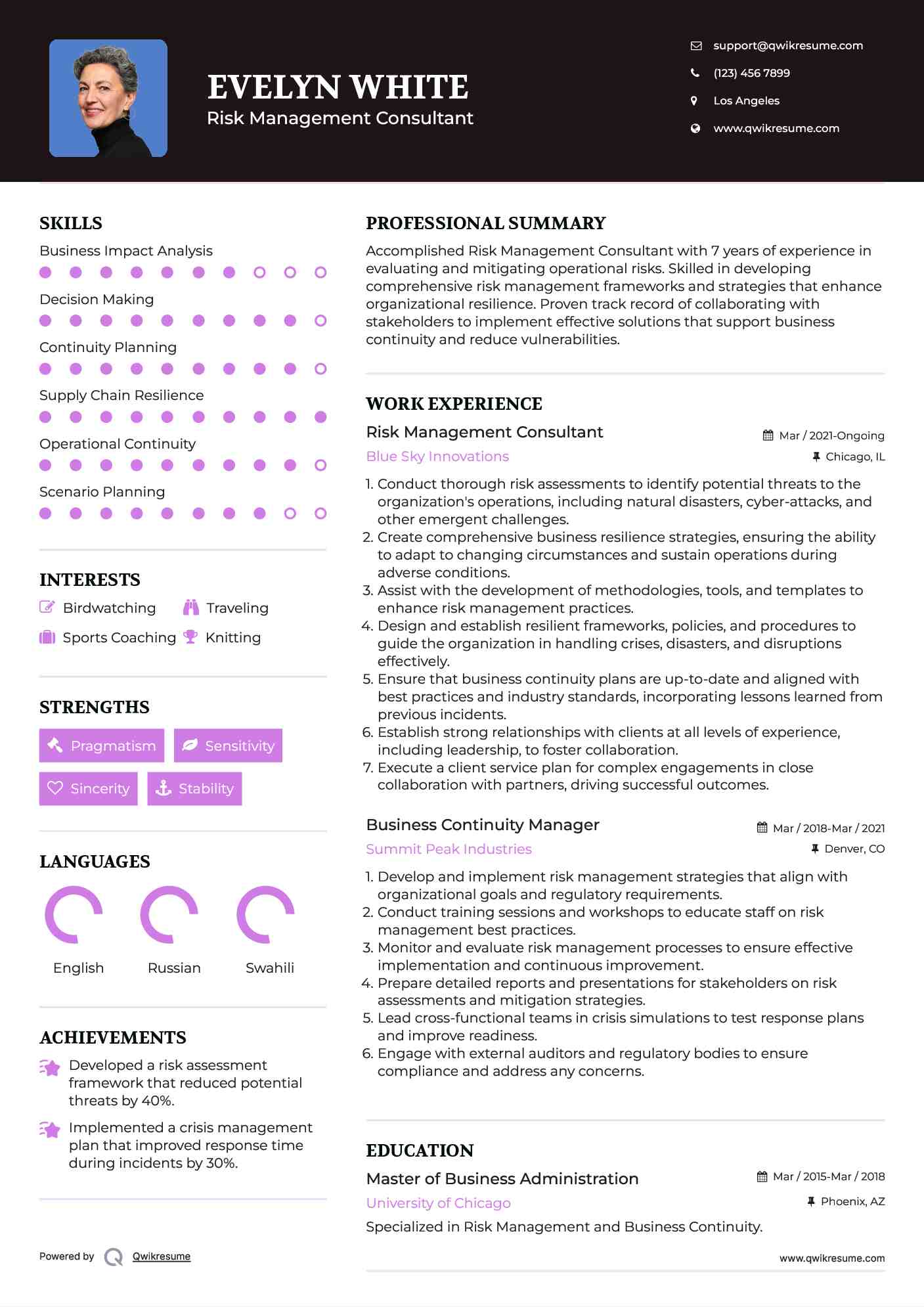 Risk Management Consultant Resume Example