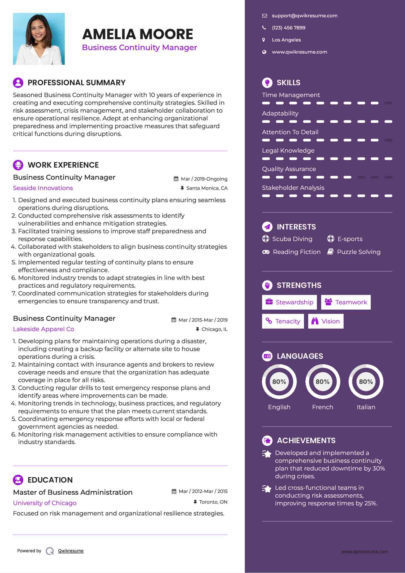 Business Continuity Manager Resume Example