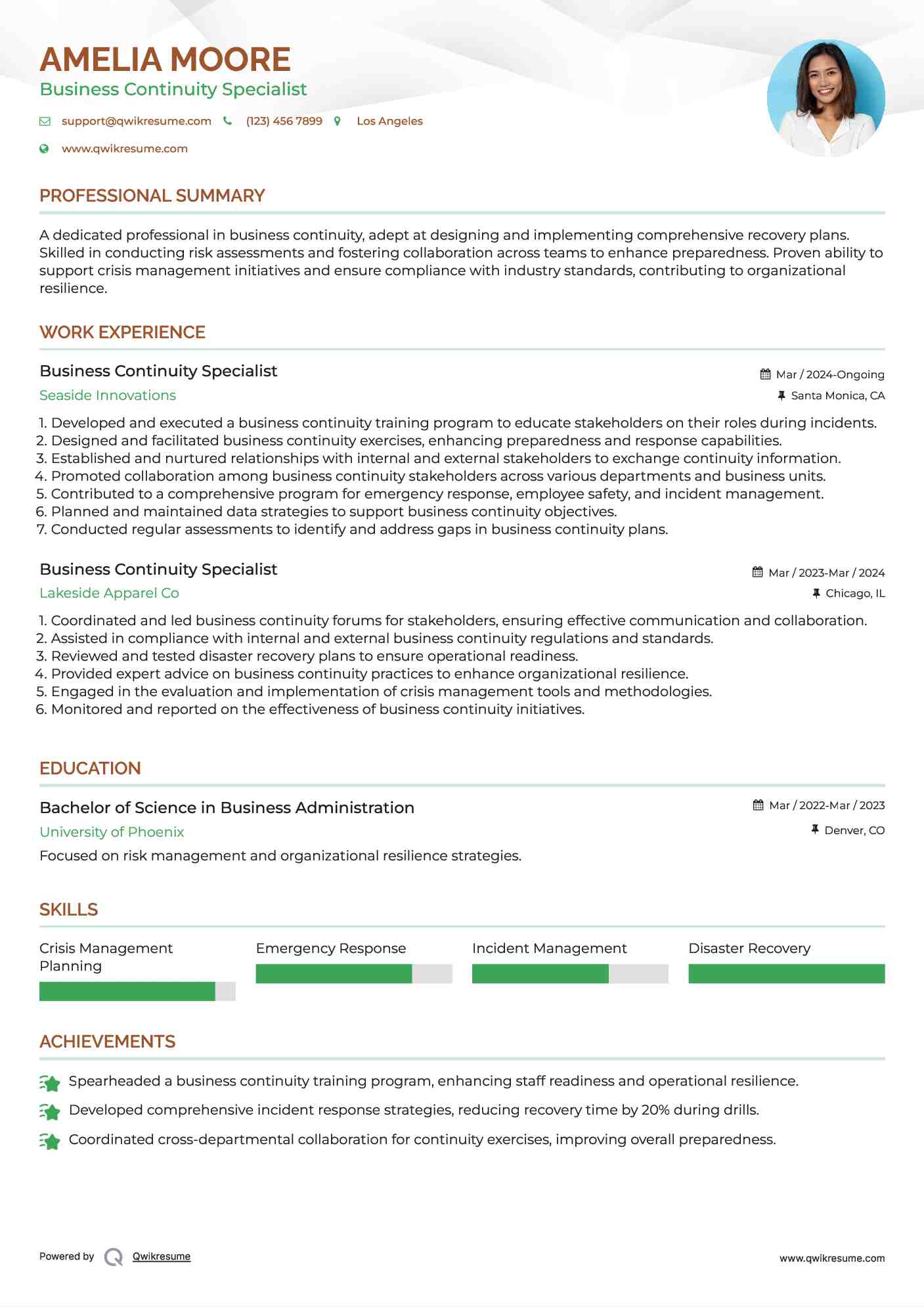 Business Continuity Specialist Resume Model