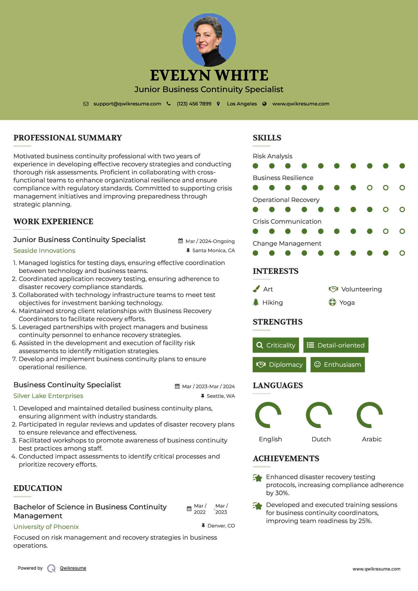 Junior Business Continuity Specialist Resume Template