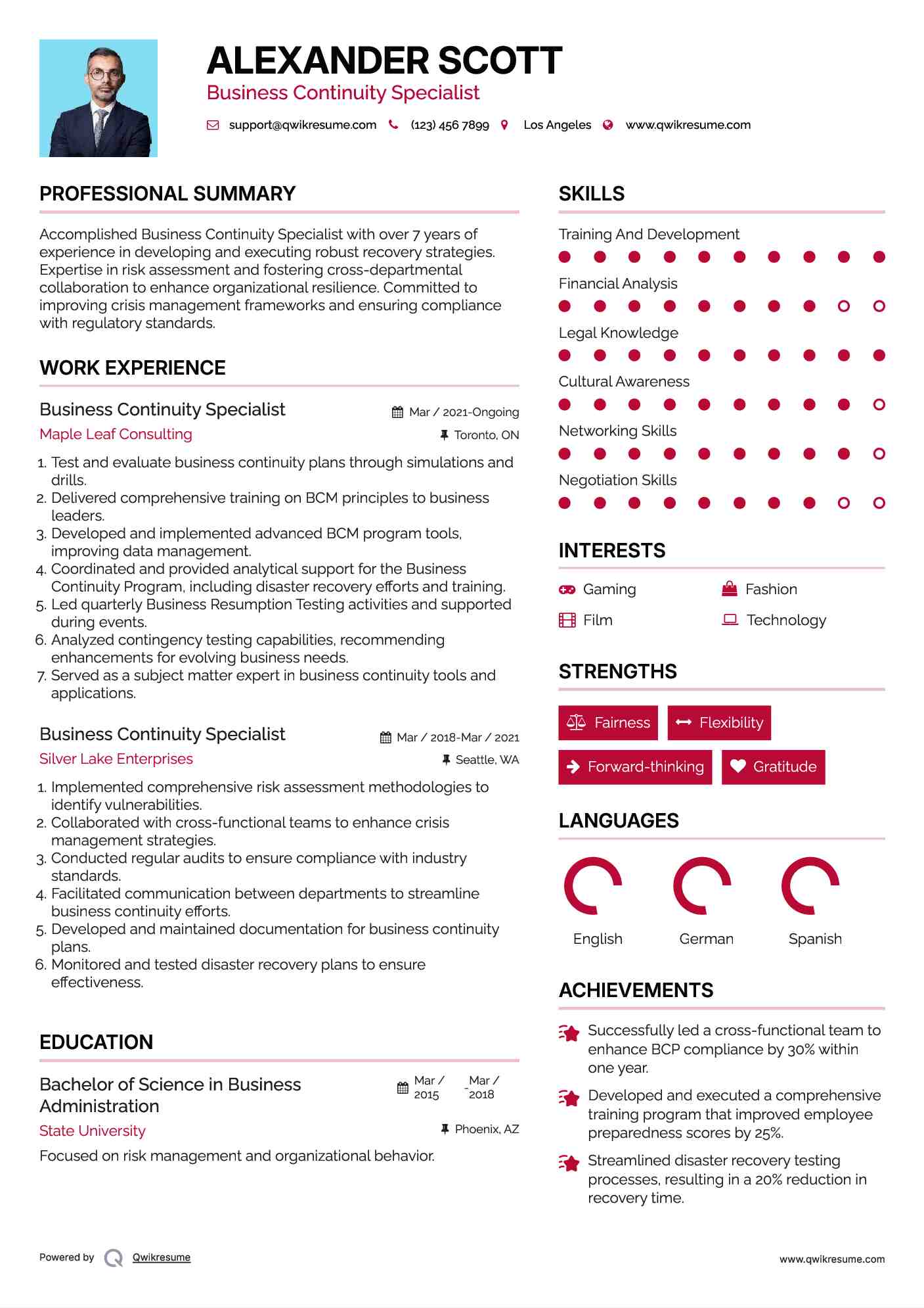 Business Continuity Specialist Resume Example