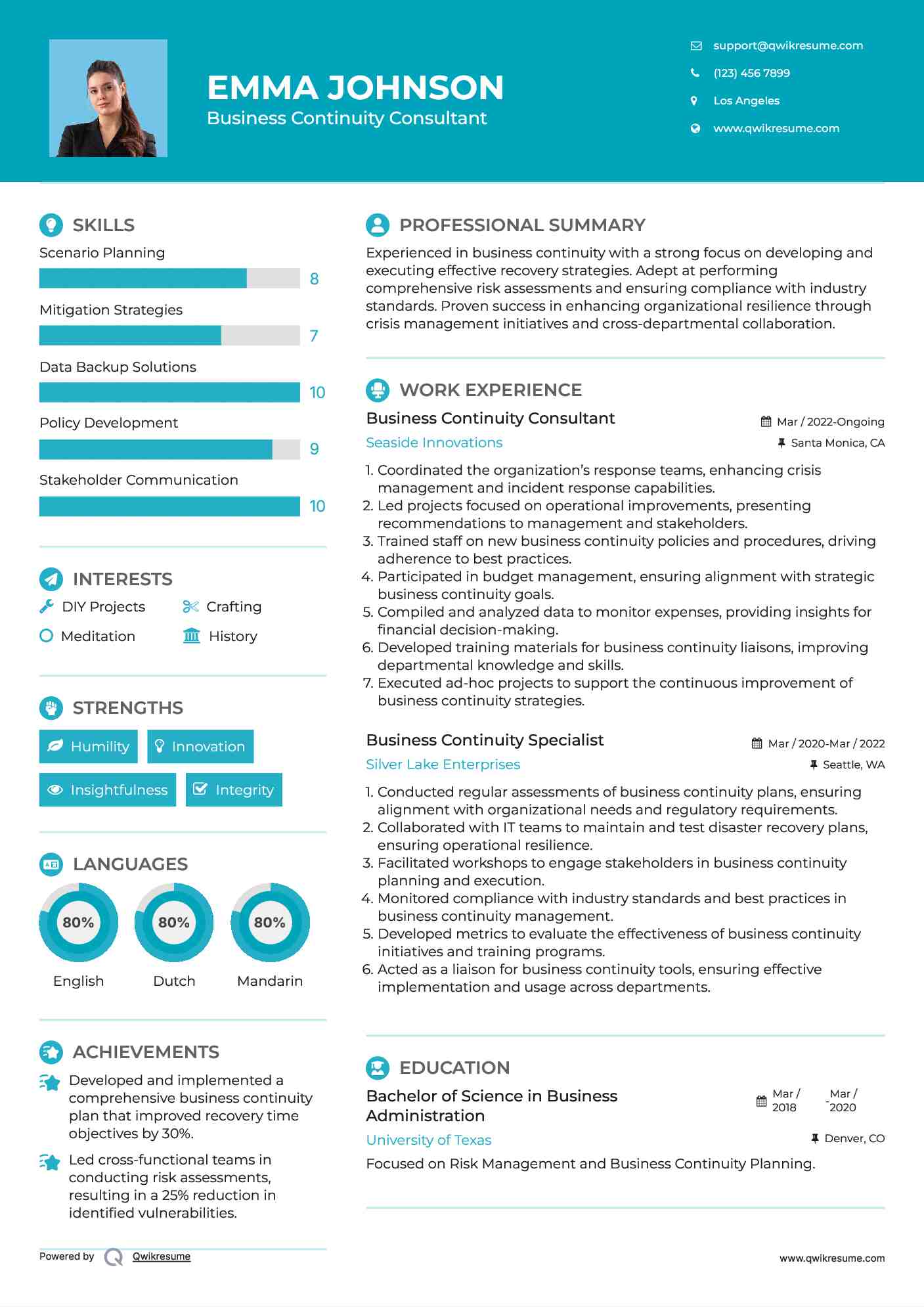 Business Continuity Consultant Resume Sample