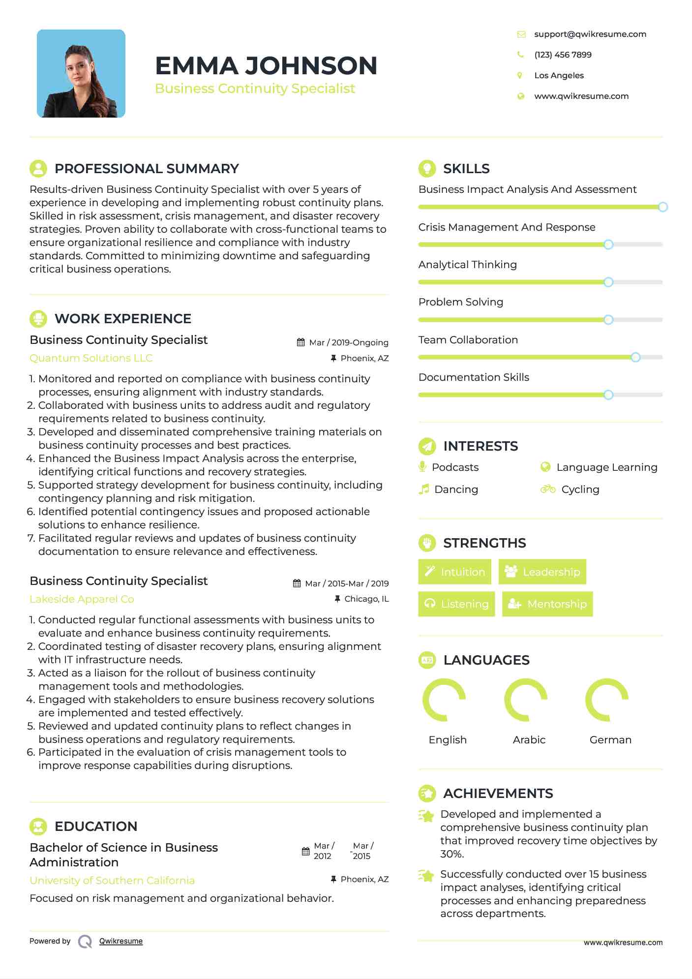 Business Continuity Specialist Resume Sample