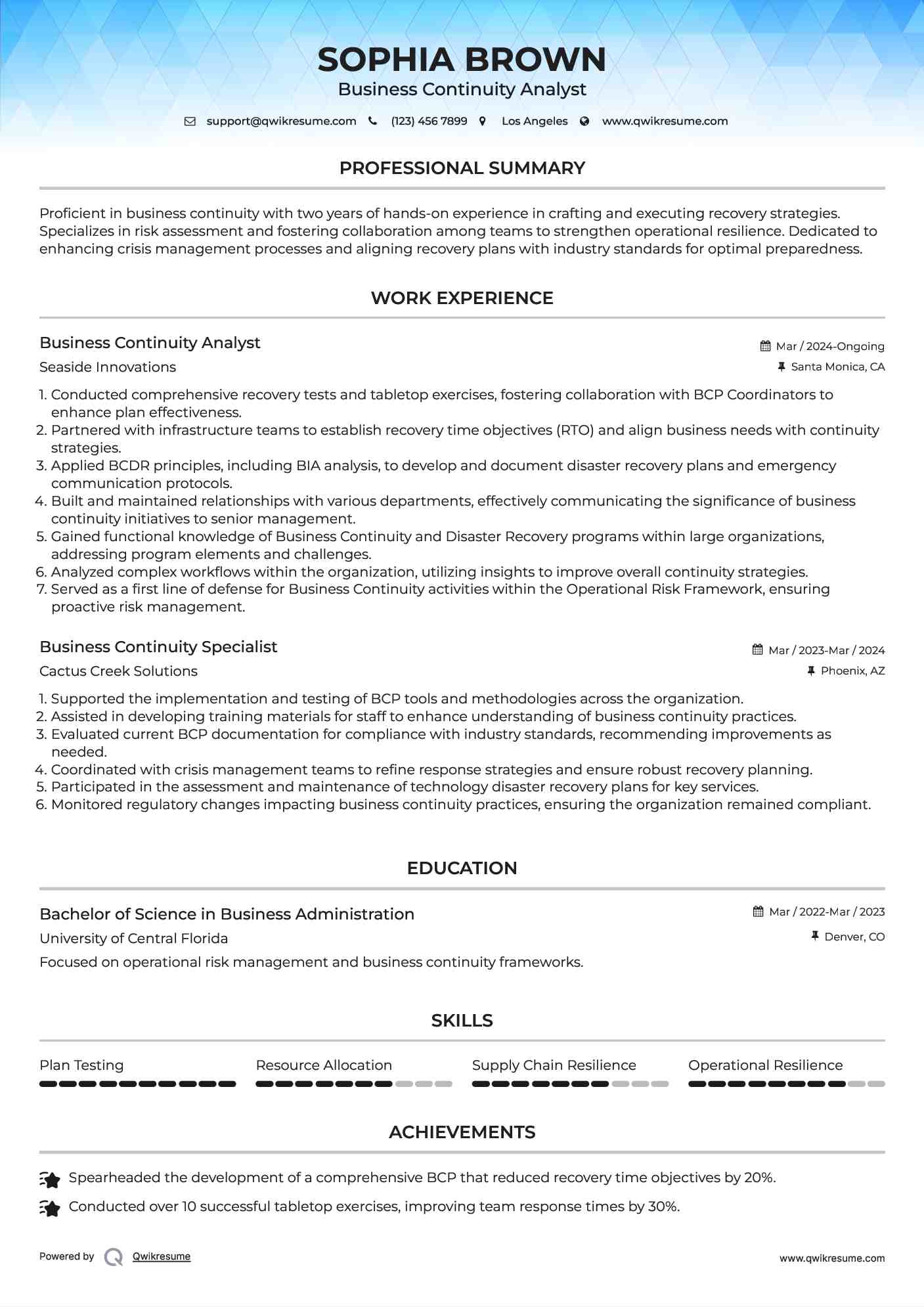 Business Continuity Analyst Resume Sample
