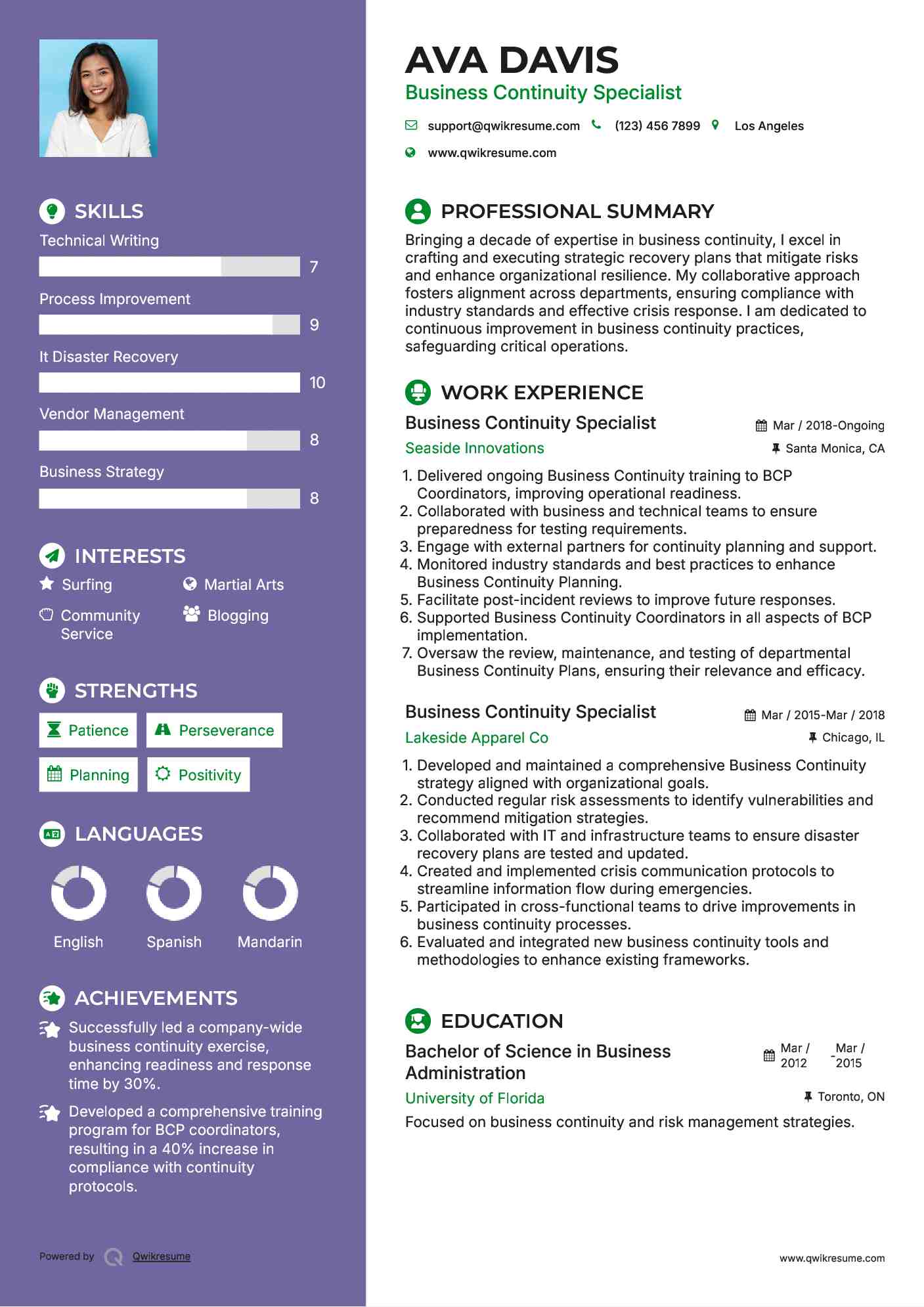 Business Continuity Specialist Resume Template
