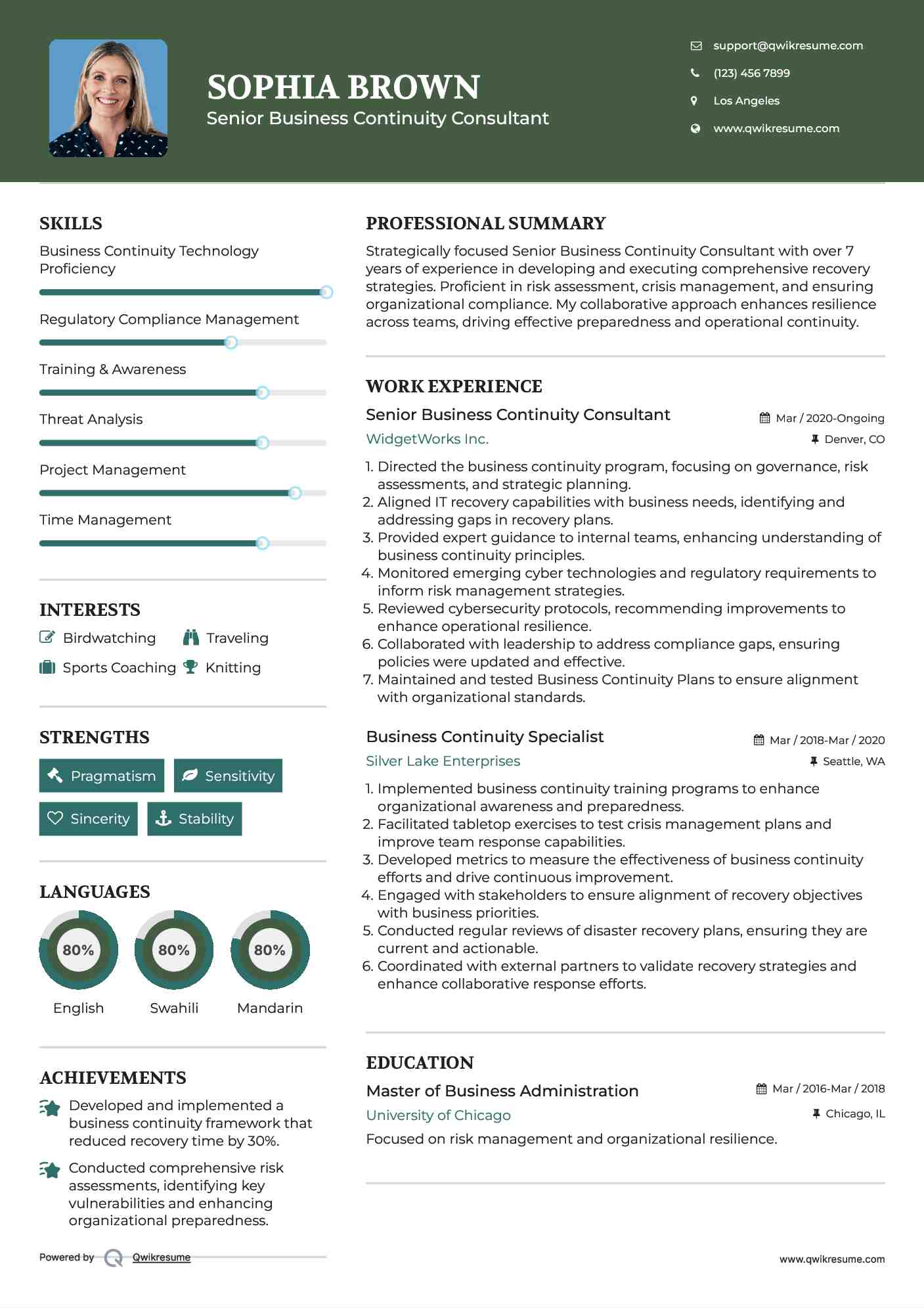 Senior Business Continuity Consultant Resume Example