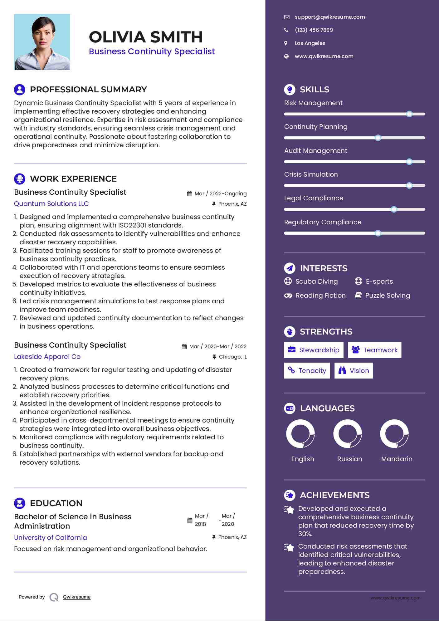 Business Continuity Specialist Resume Example