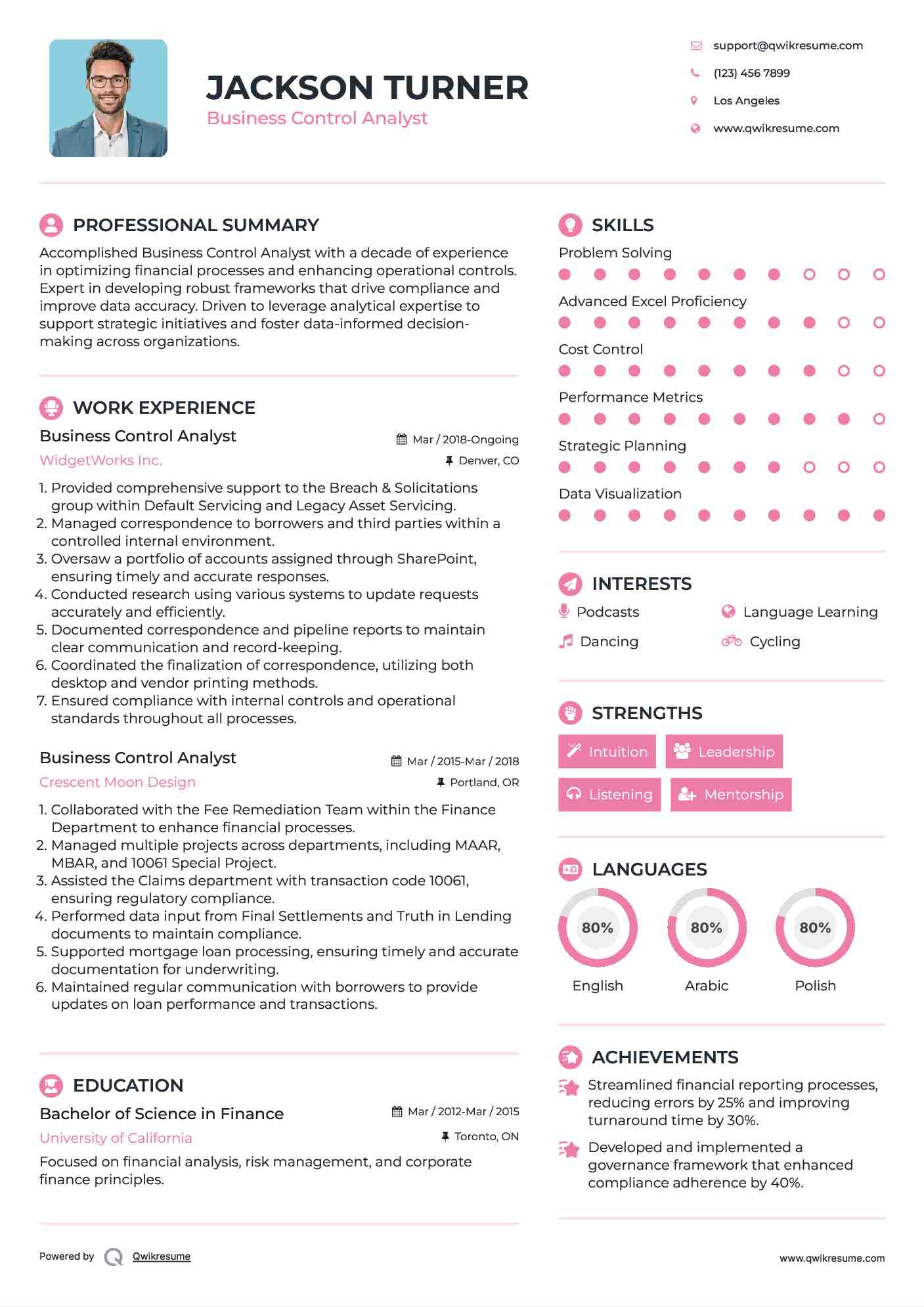 Business Control Analyst Resume Sample