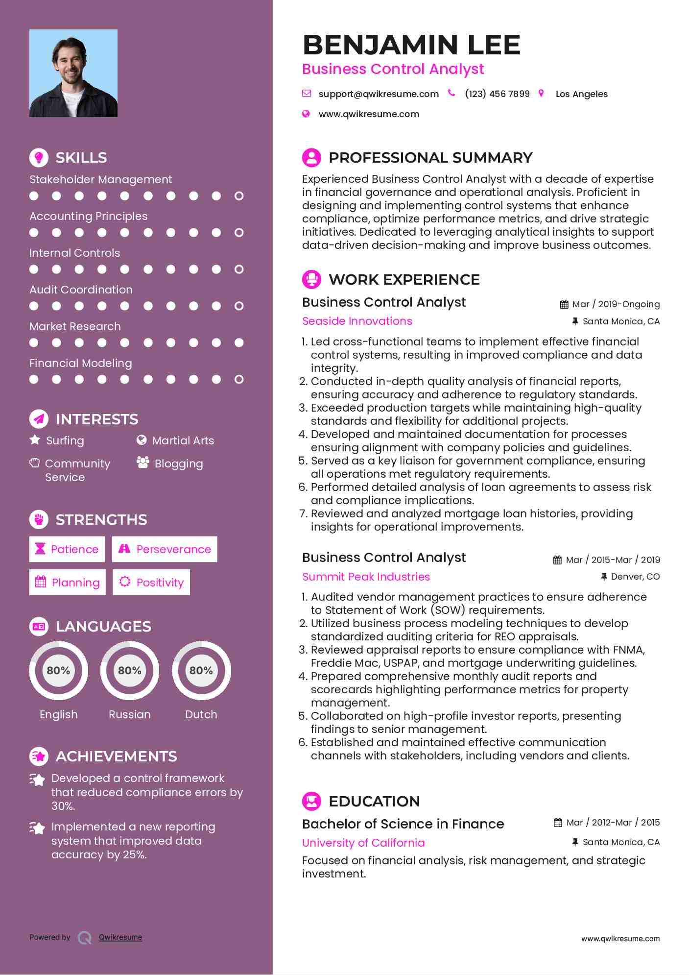 Business Control Analyst Resume Model