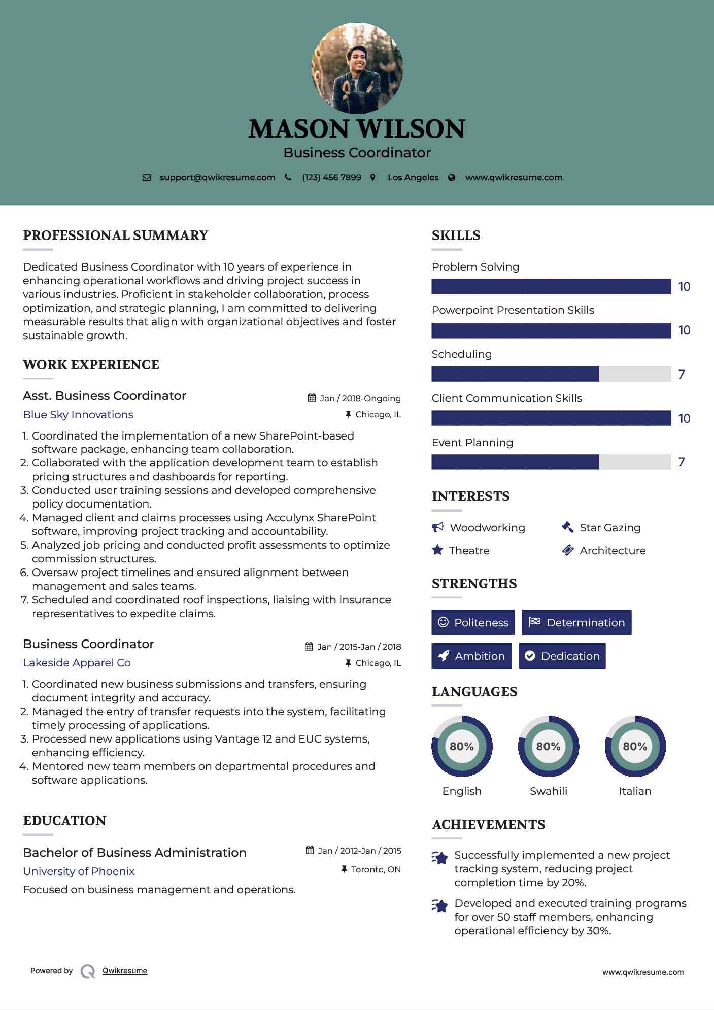 Asst. Business Coordinator Resume Model