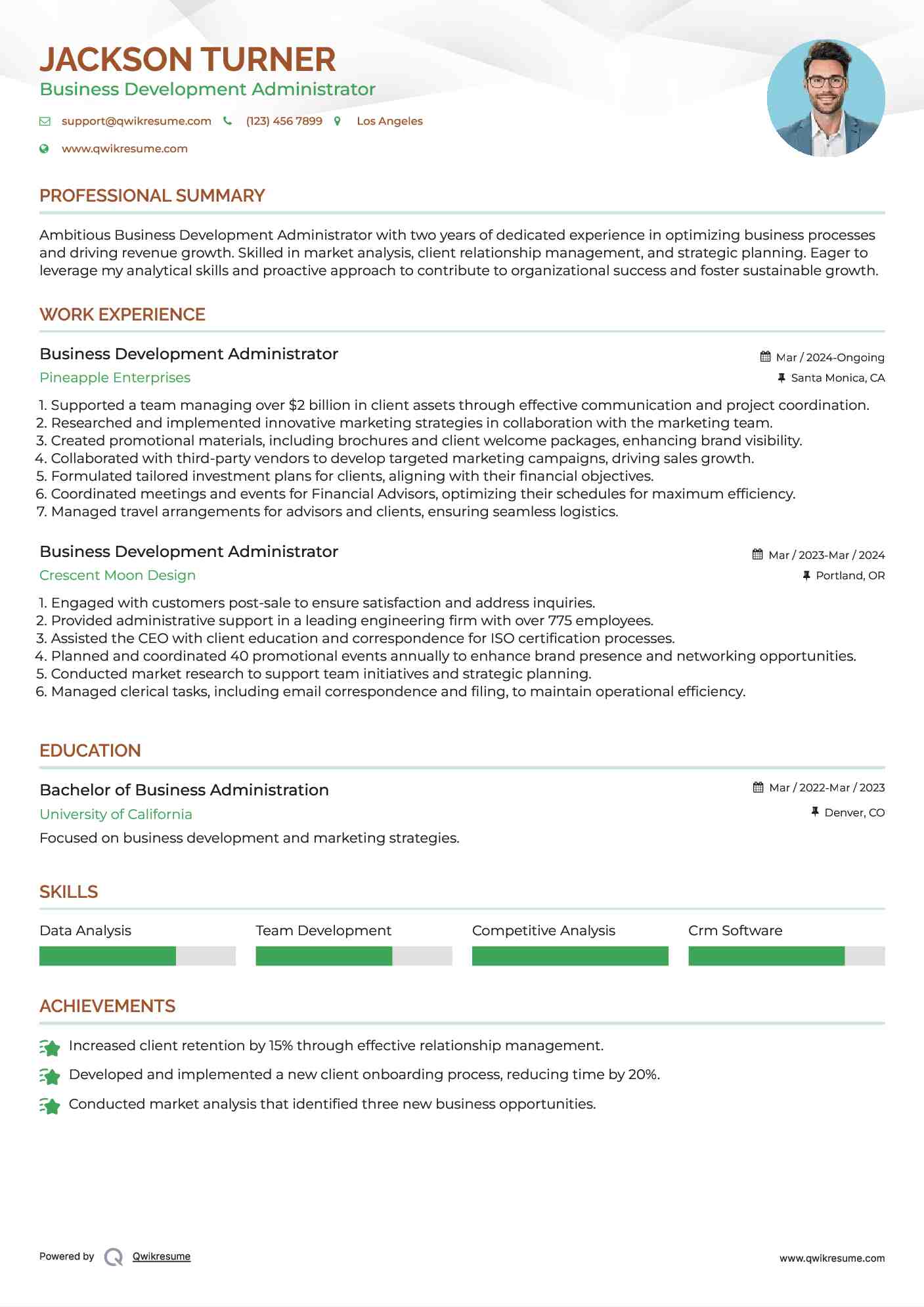 Business Development Administrator Resume Sample