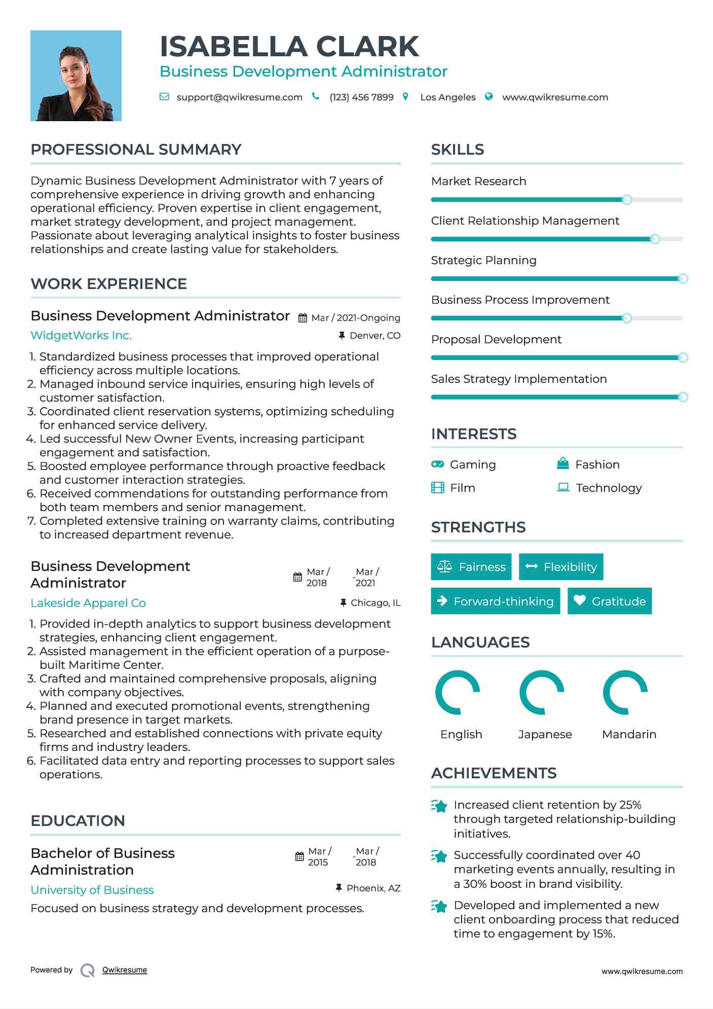 Business Development Administrator Resume Example