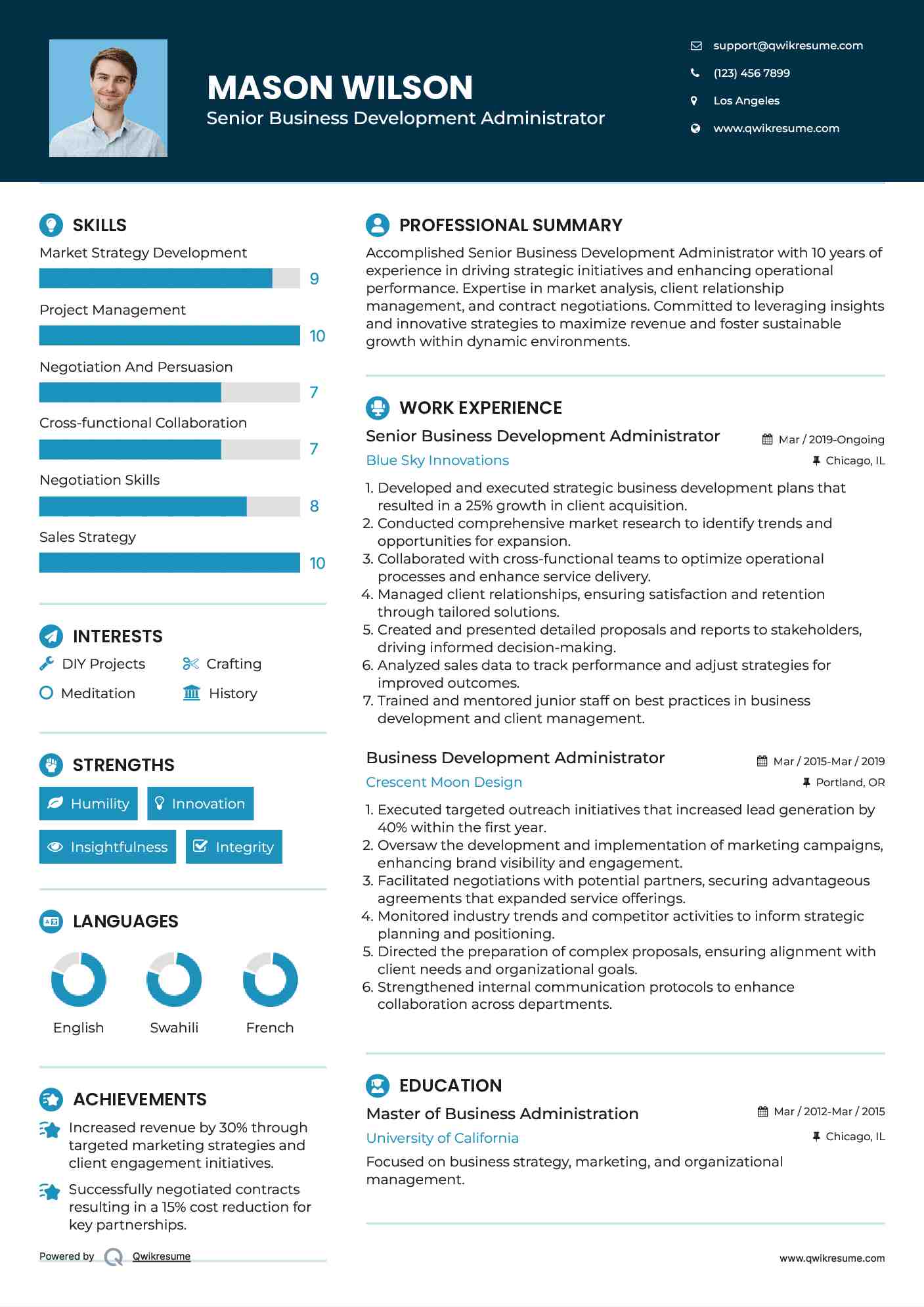 Senior Business Development Administrator Resume Example