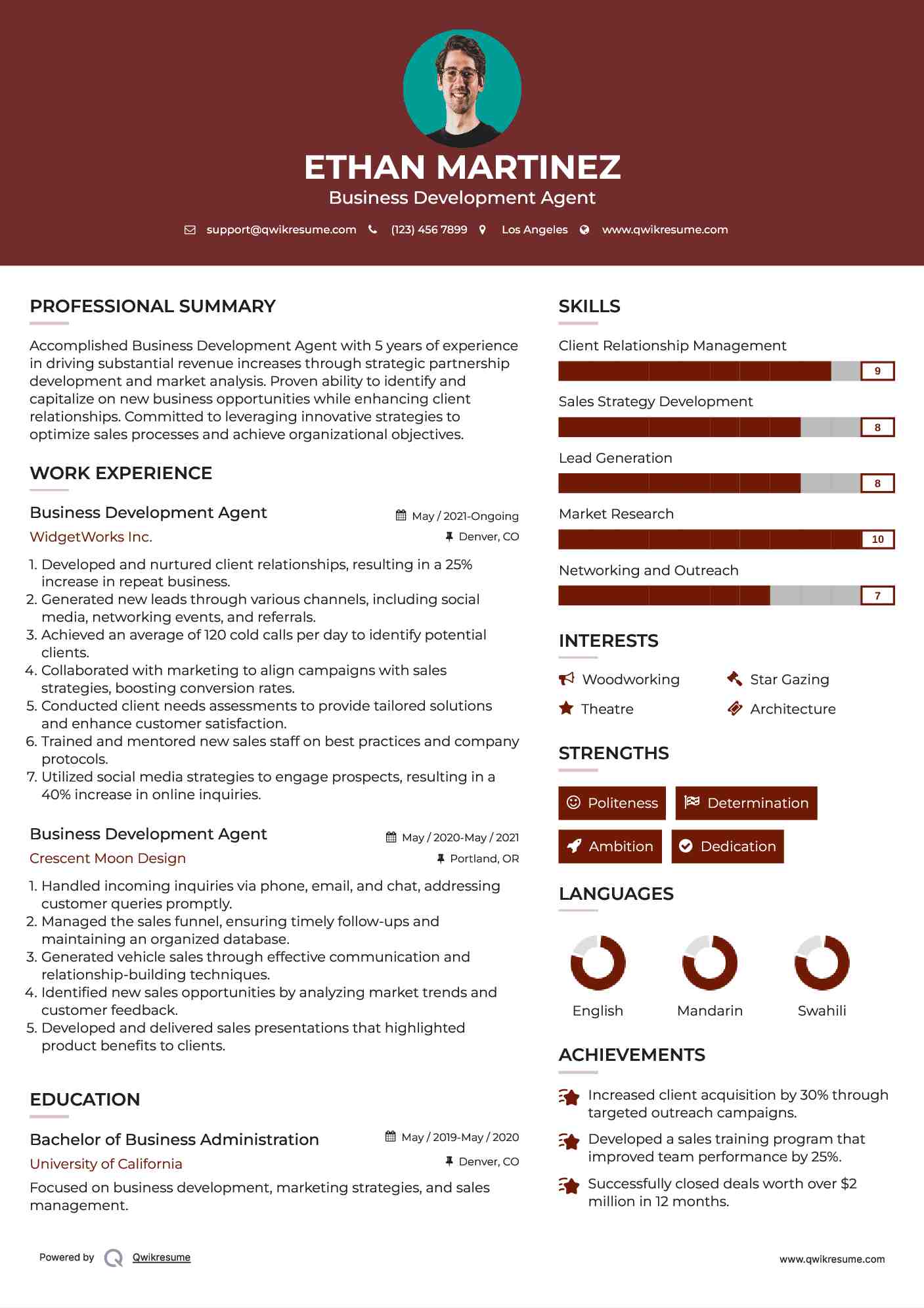 Business Development Agent Resume Example
