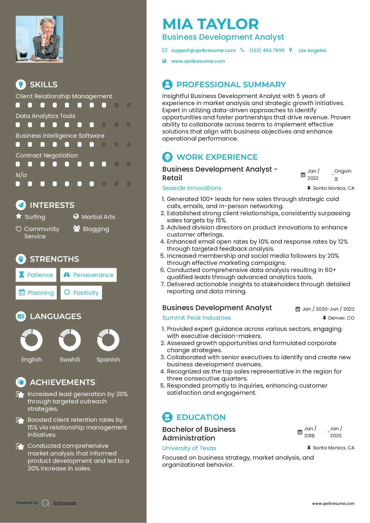 Business Development Analyst - Retail Resume Sample