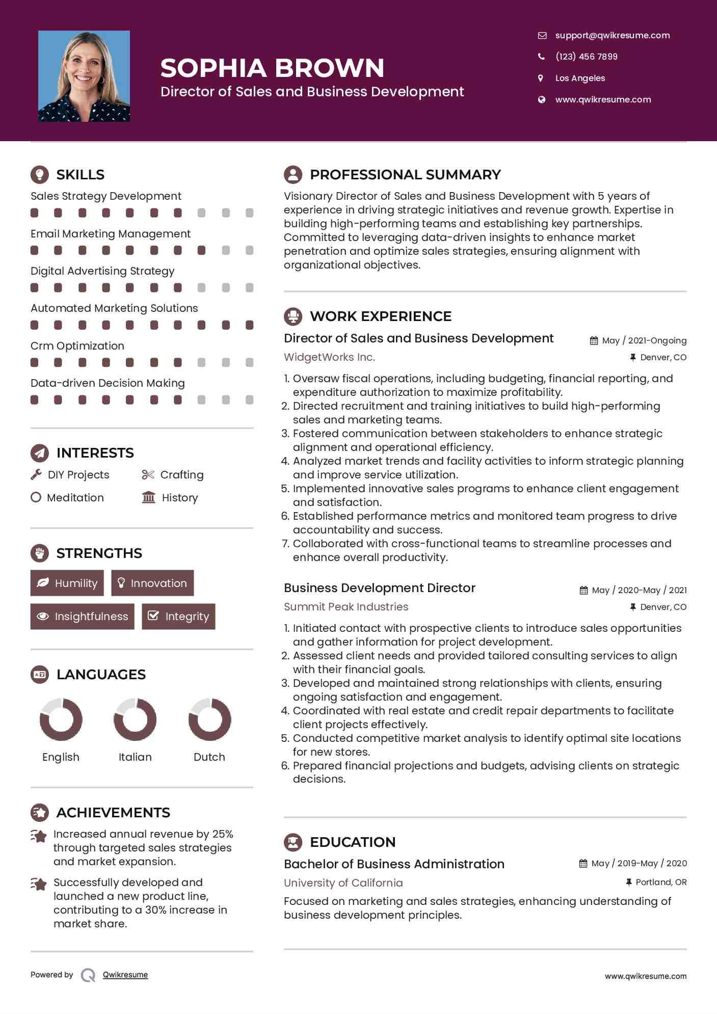 Director of Sales and Business Development Resume Format