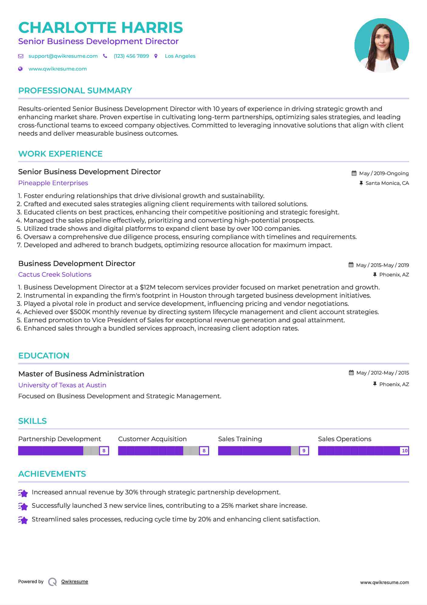 Senior Business Development Director Resume Example