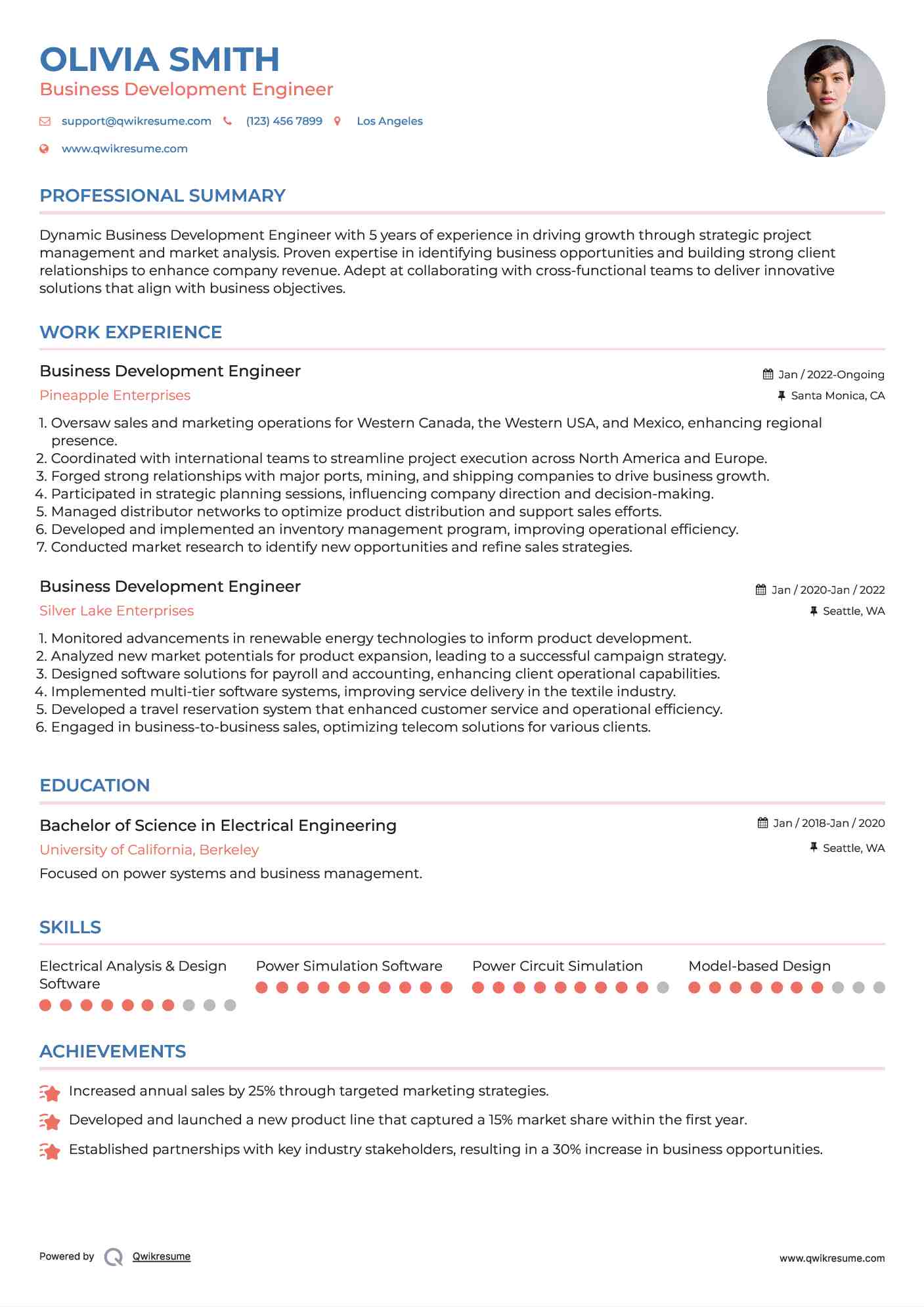 Business Development Engineer Resume Sample