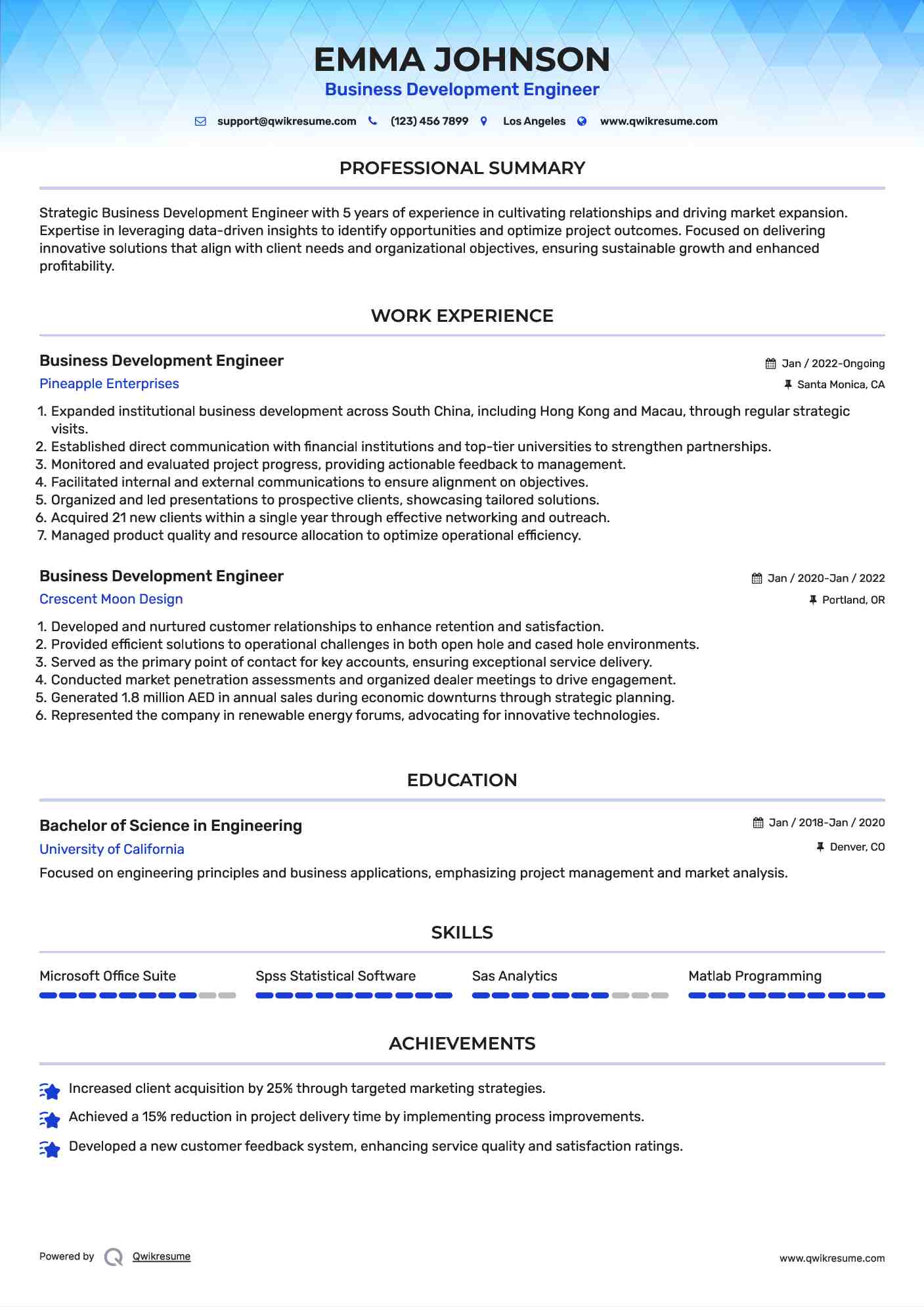 Business Development Engineer Resume Sample